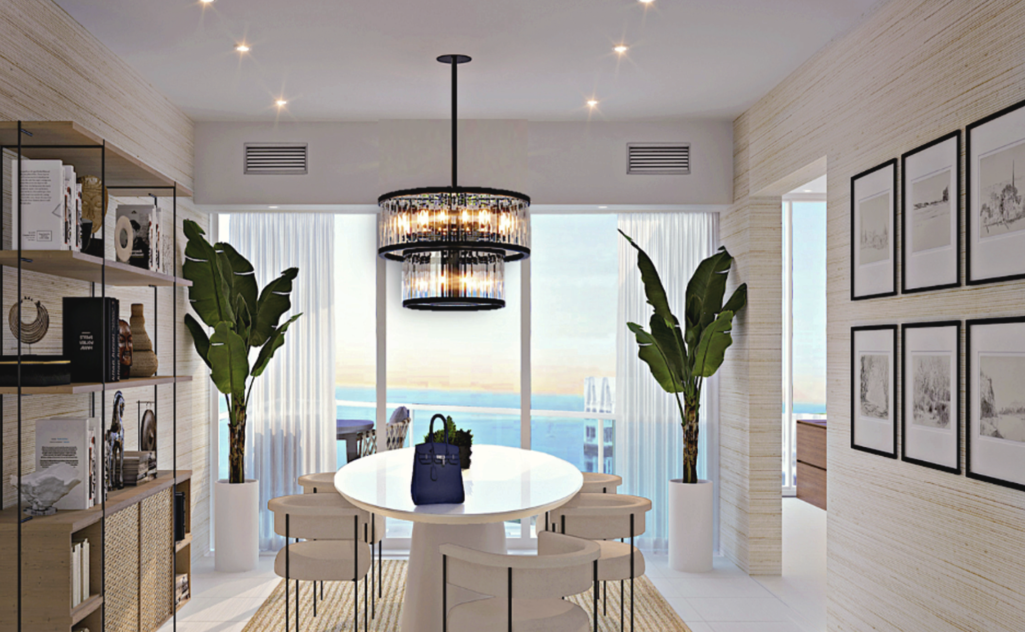 South of Fifth Miami Beach penthouse dining room remodel with ocean views, grasscloth wall covering, sketch gallery, modern hutch and furnishings