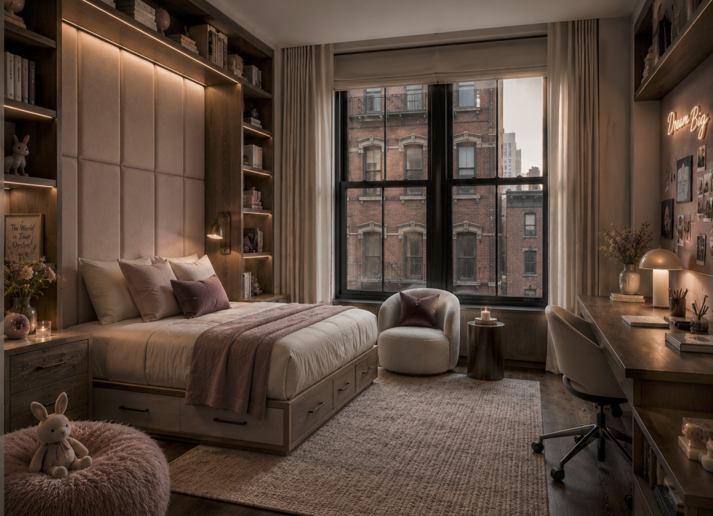 Custom luxury Tribeca teen bedroom interior design for an avid reader, featuring built-in oak bookshelves, a dramatic floor-to-ceiling upholstered headboard wall, and integrated warm LED wardrobe