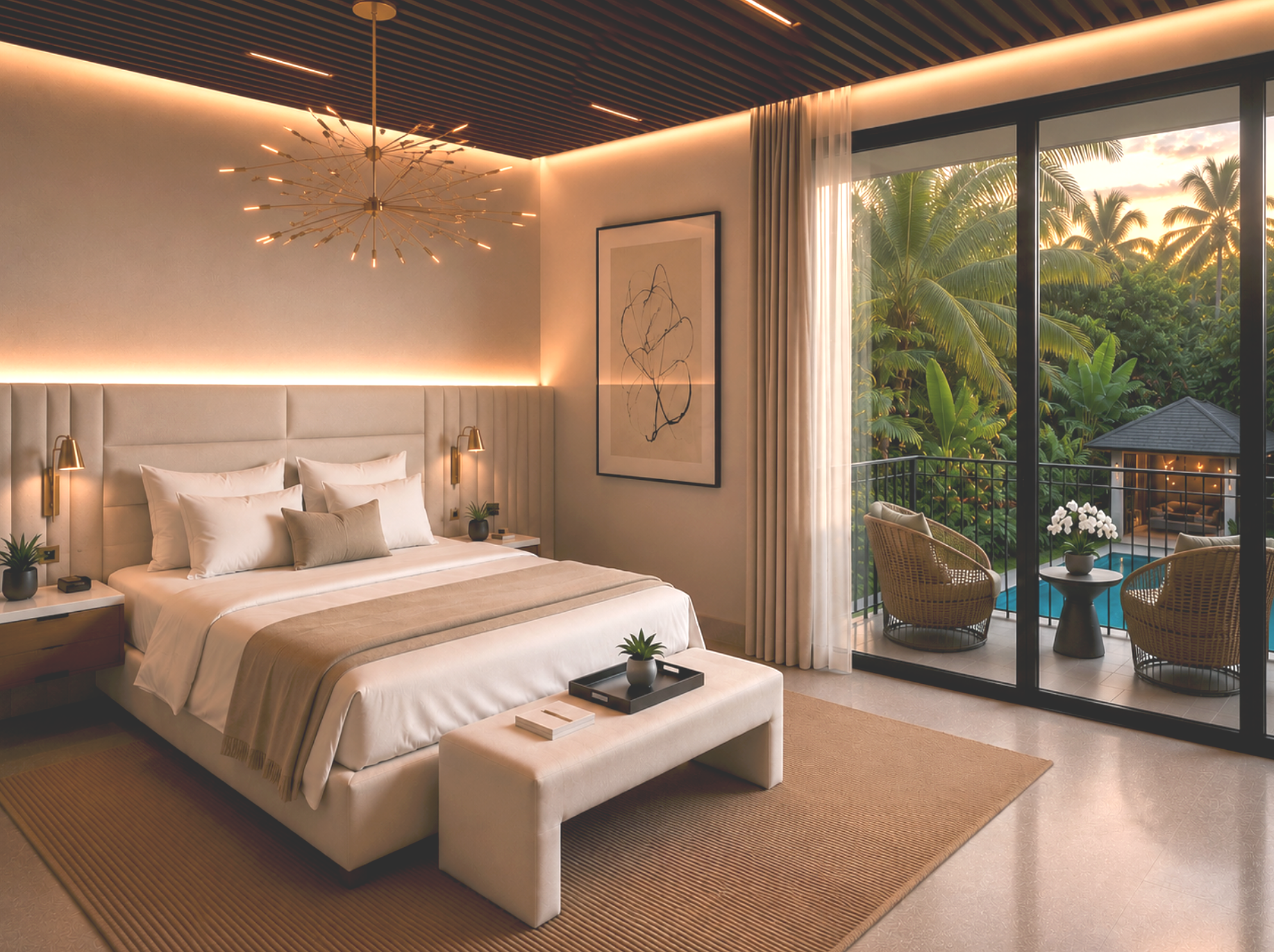 Coral Gables estate master bedroom interior design with tufted velvet headboard wall with Italian bedding and cashmere throw walnut wood slat ceiling and private balcony overlooking pool and tropical nature preserve tree line⁠