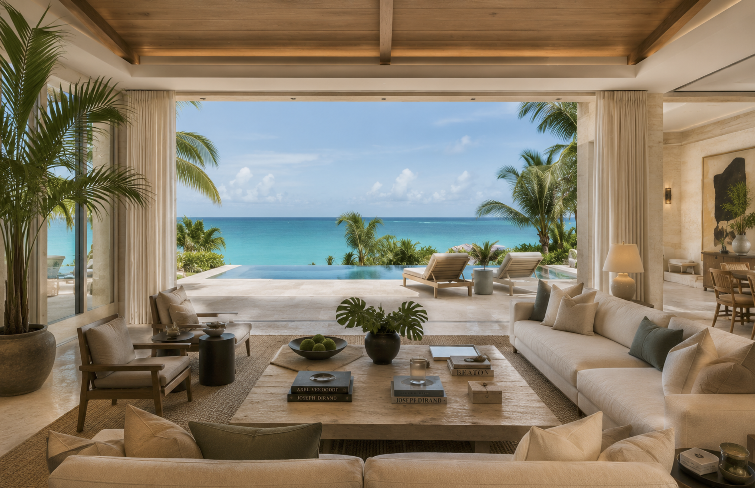 Luxury covered outdoor living pavilion in the Bahamas featuring an outdoor kitchen, lounge, infinity-edge pool, contemporary furnishings, and oceanfront entertaining space.