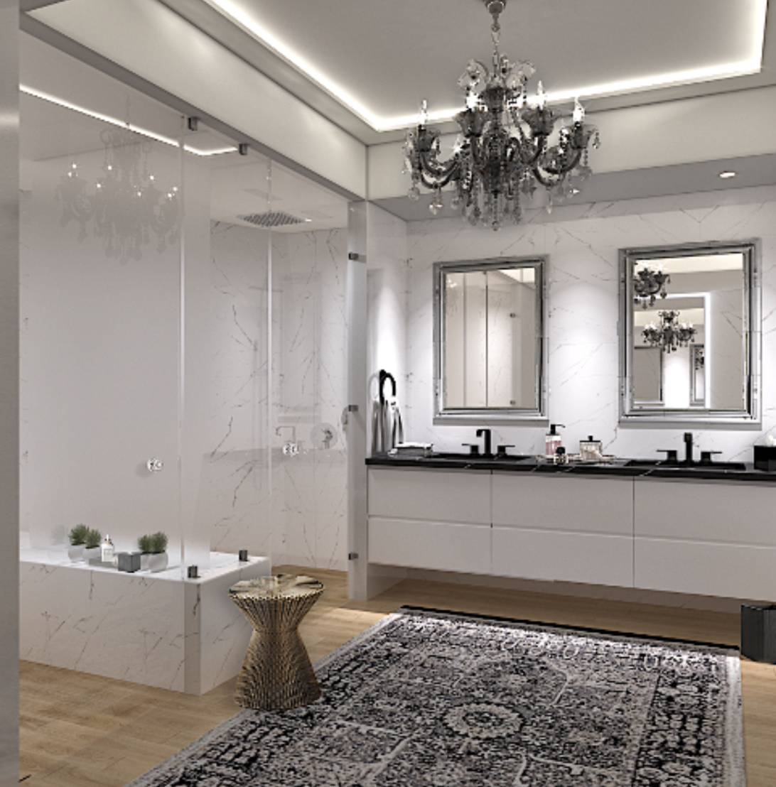 Luxury Miami Beach penthouse bathroom remodel with open glass shower room, bench seating, double vanity and romantic classic interior design style