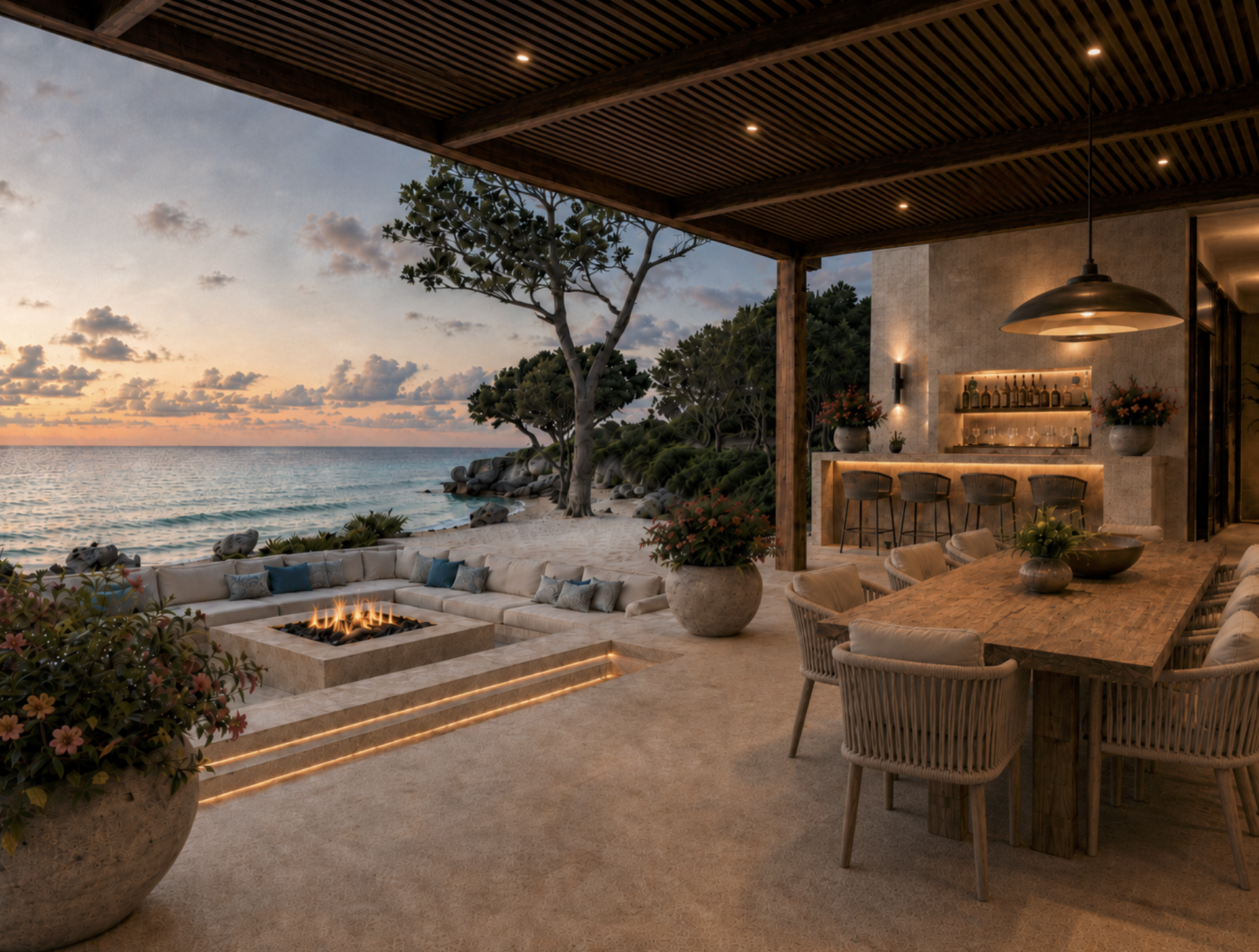 High-end outdoor veranda pavilion in the Bahamas at twilight showcasing a sunken concrete conversation pit with a linear fire feature, custom backlit stone bar, and highly grained reclaimed oak plank dining table.⁠