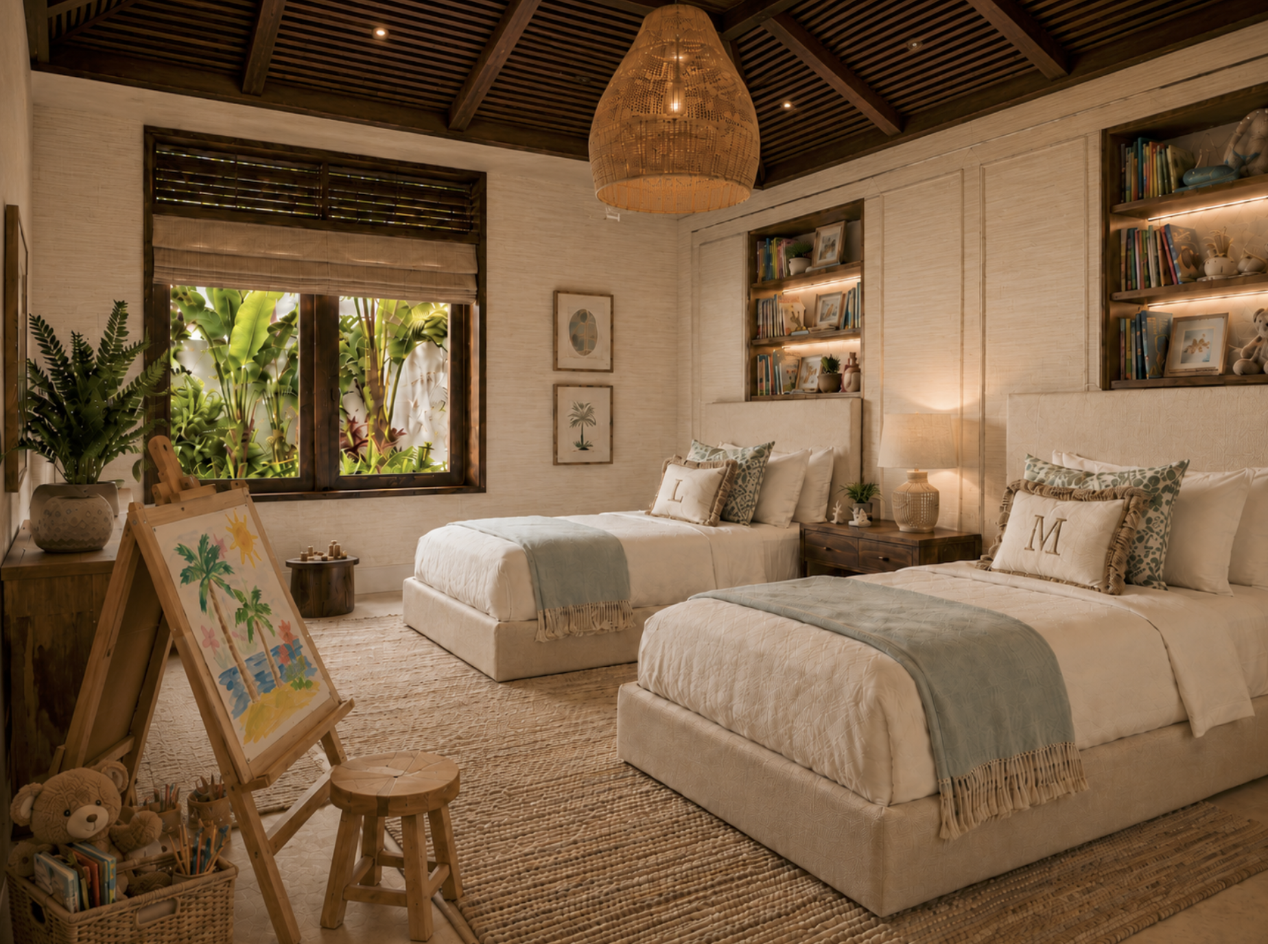 Custom luxury shared bedroom for two sisters in an Exuma Bahamas estate, featuring paper-weave wallpaper, elegant wainscoting, built-in bookcases, custom monogrammed pillows, and a small integrated art studio desk.⁠