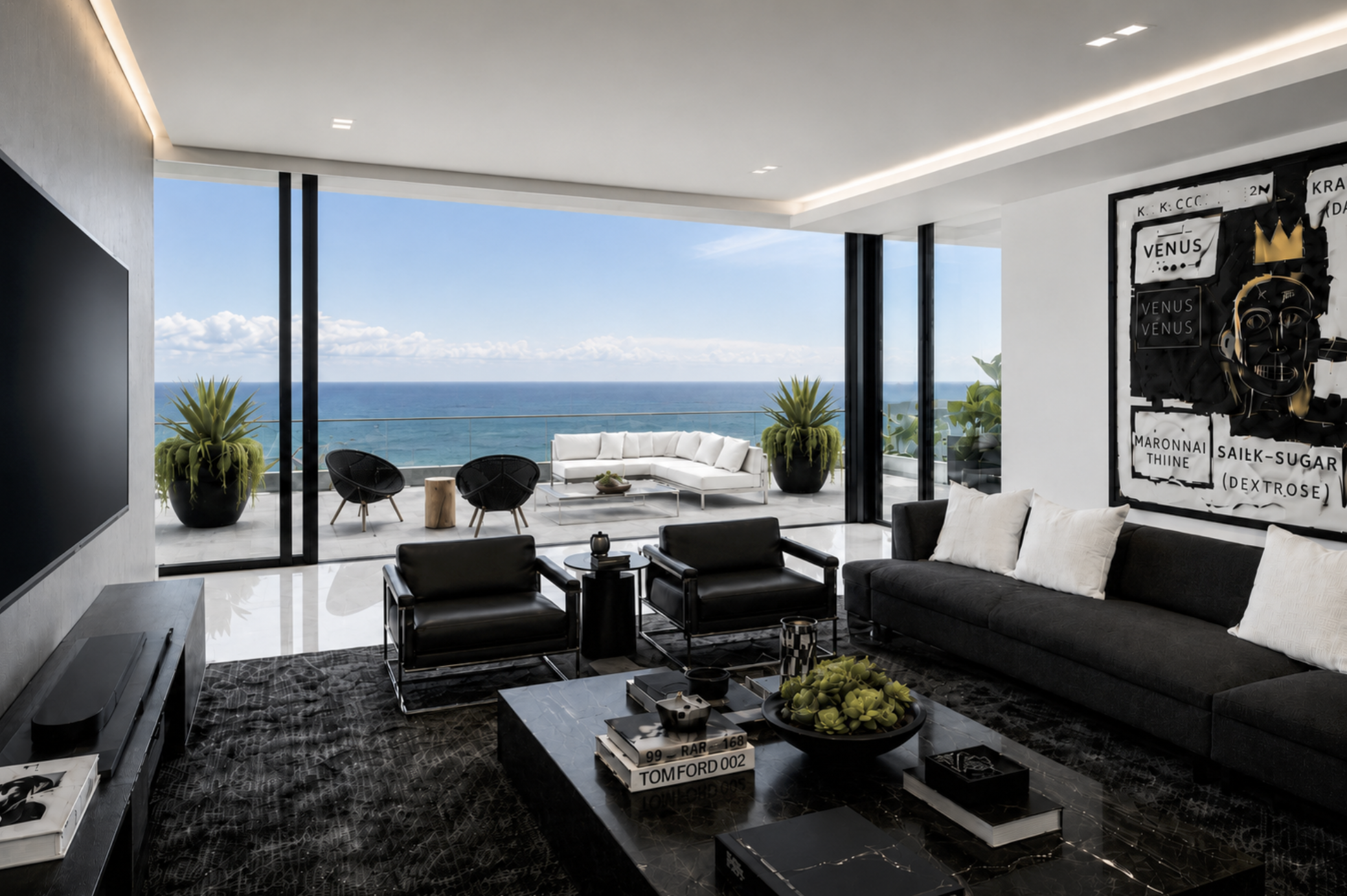 Modern Miami Beach penthouse living room with faux cement media wall, black suede sofa, high gloss white floor tiles, and ocean view terrace.⁠
