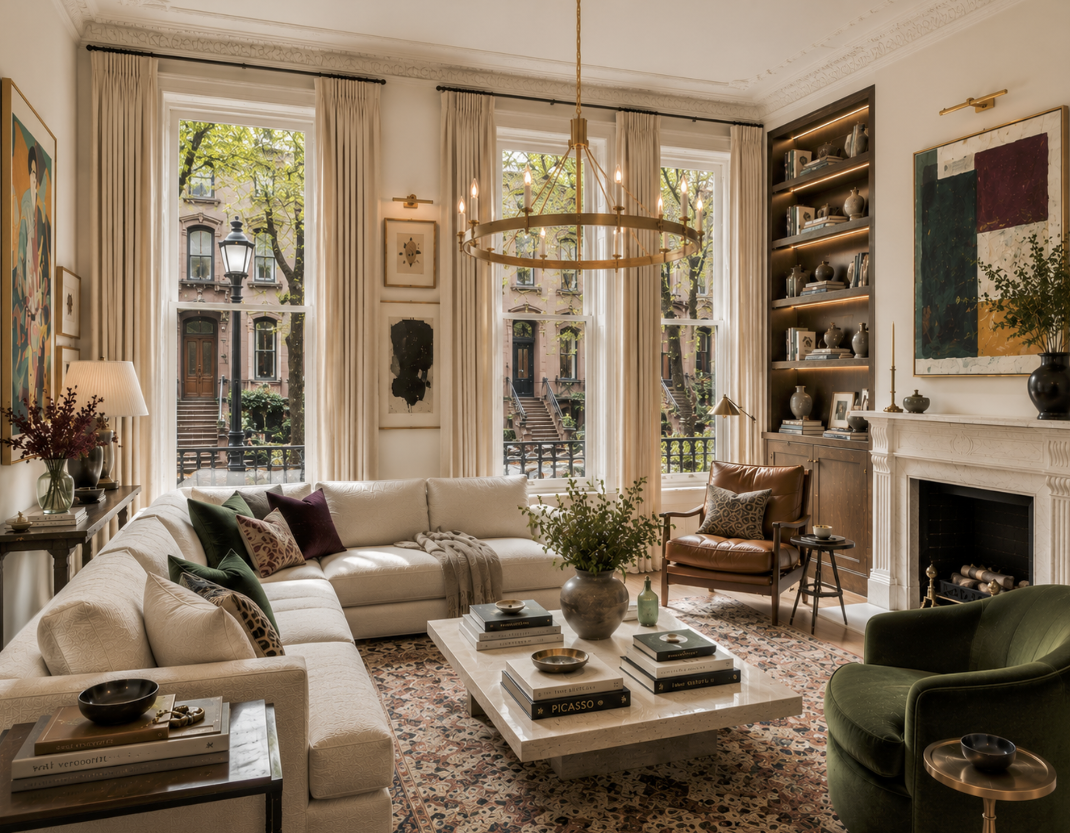 An elegant, high-ceiling luxury Brooklyn brownstone living room featuring a custom cream sectional sofa, a classic fireplace mantle, a large brass ring chandelier, and towering windows looking out onto a historic tree-lined New York street.⁠