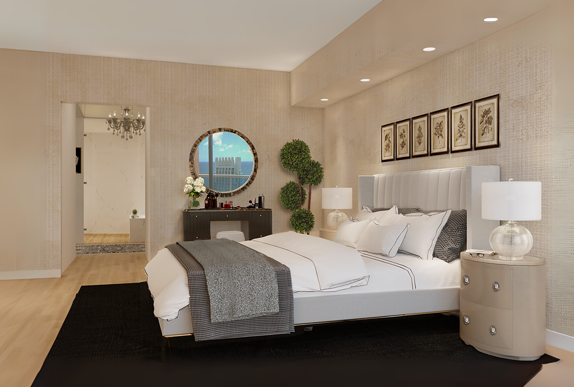 Luxury penthouse master suite interior design with romantic classic style, metallic paperweave wallcovering, Italian bedding and horn mirror vanity