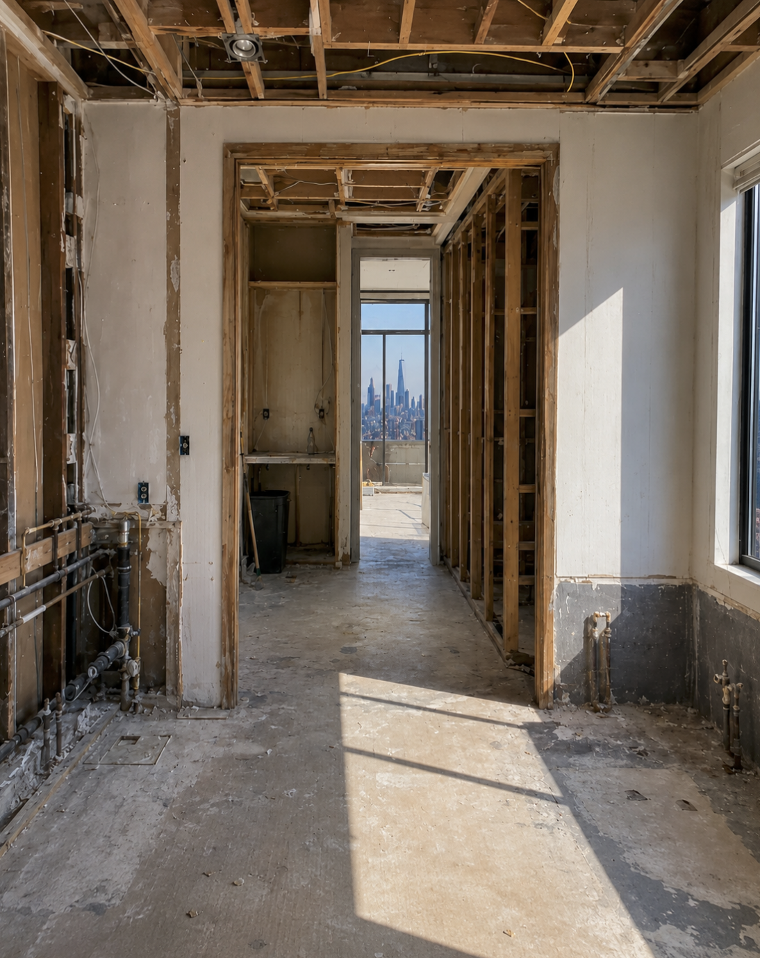 Unfinished primary bathroom and dressing area during a Tribeca penthouse remodel with a downtown view. views