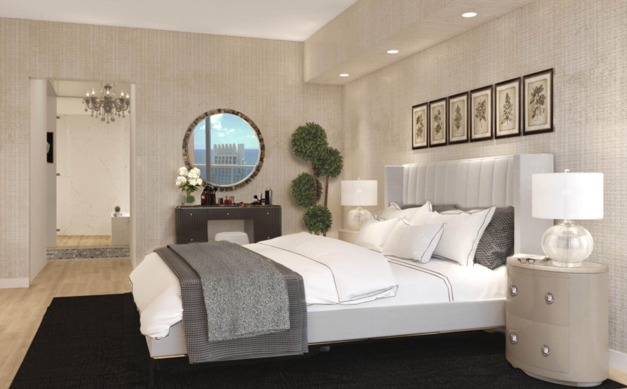 South of Fifth Miami Beach penthouse bedroom remodel featuring metallic shimmer abaca paper, Italian bed linens and an Italian vanity with a horn framed mirror