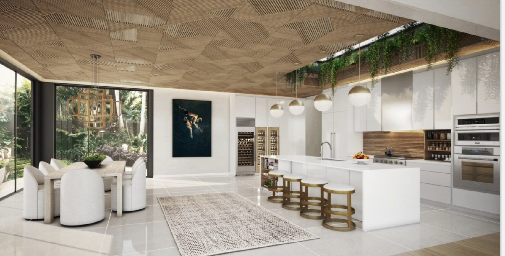 Miami Beach Pine Tree luxury kitchen design with wood slat ceiling skylight herb garden over a custom island.
