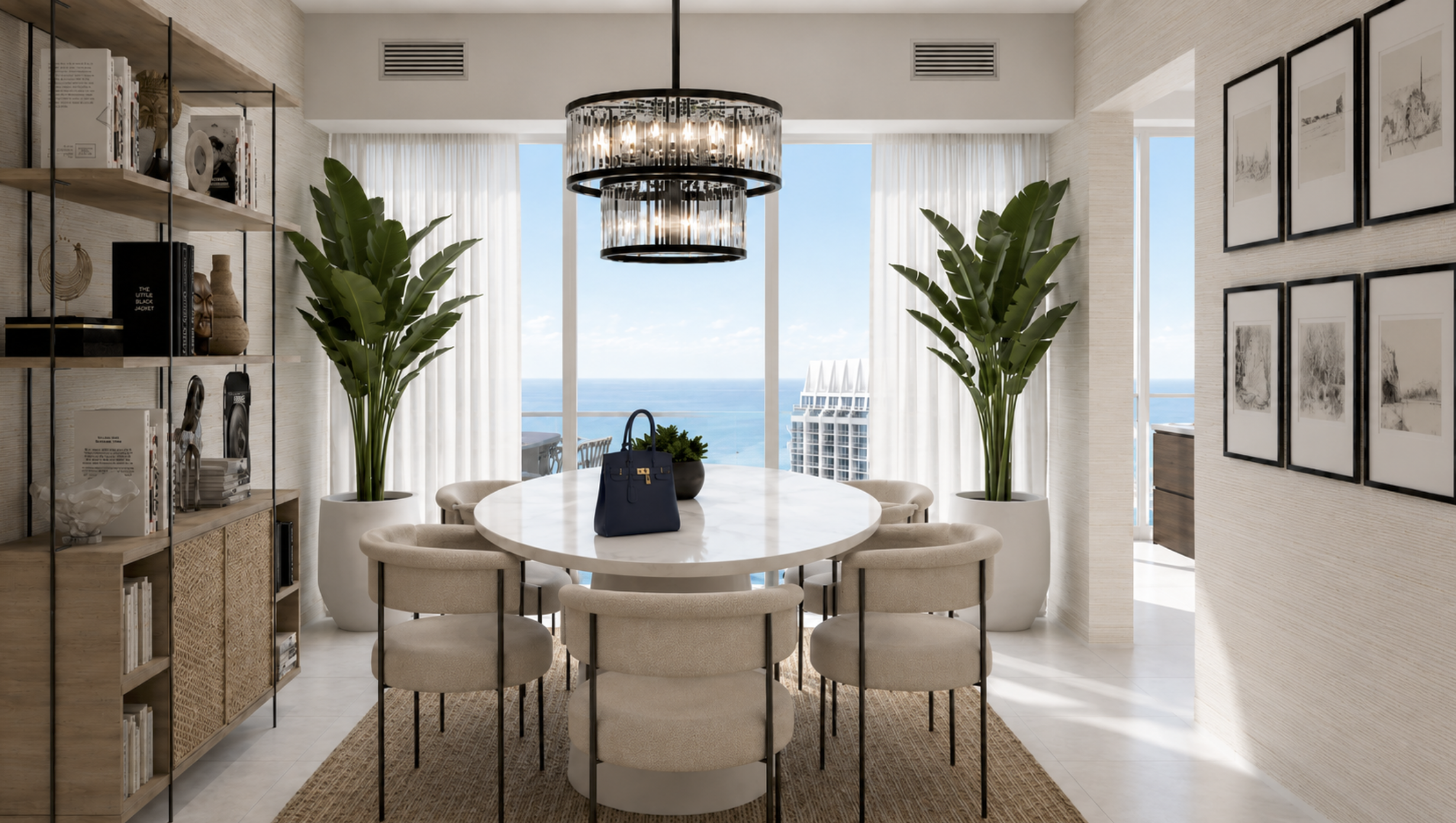 Luxury dining room remodel at Portofino Towers in South of Fifth with ocean views and a glimpse of the Continuum condominium
