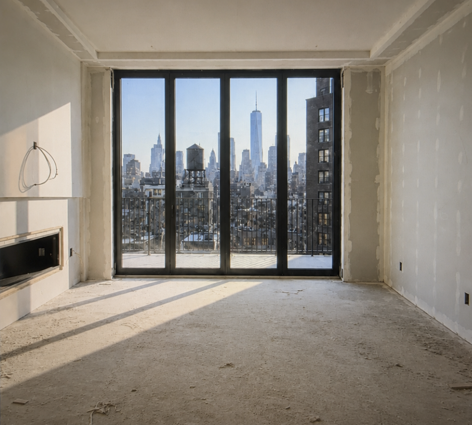 Unfinished Tribeca penthouse living room before remodel with linear fireplace opening and Freedom Tower views.