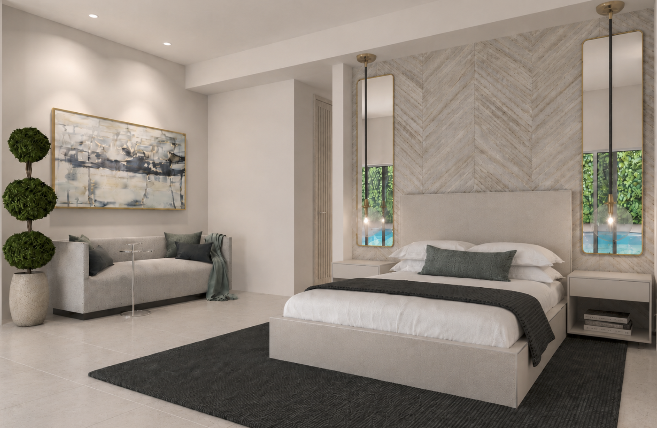Master bedroom in Venetian Islands after bedroom remodel with home remodel with a floating bed wall, whitewashed chevron wood covering, and pendant lighting, overlooking the pool