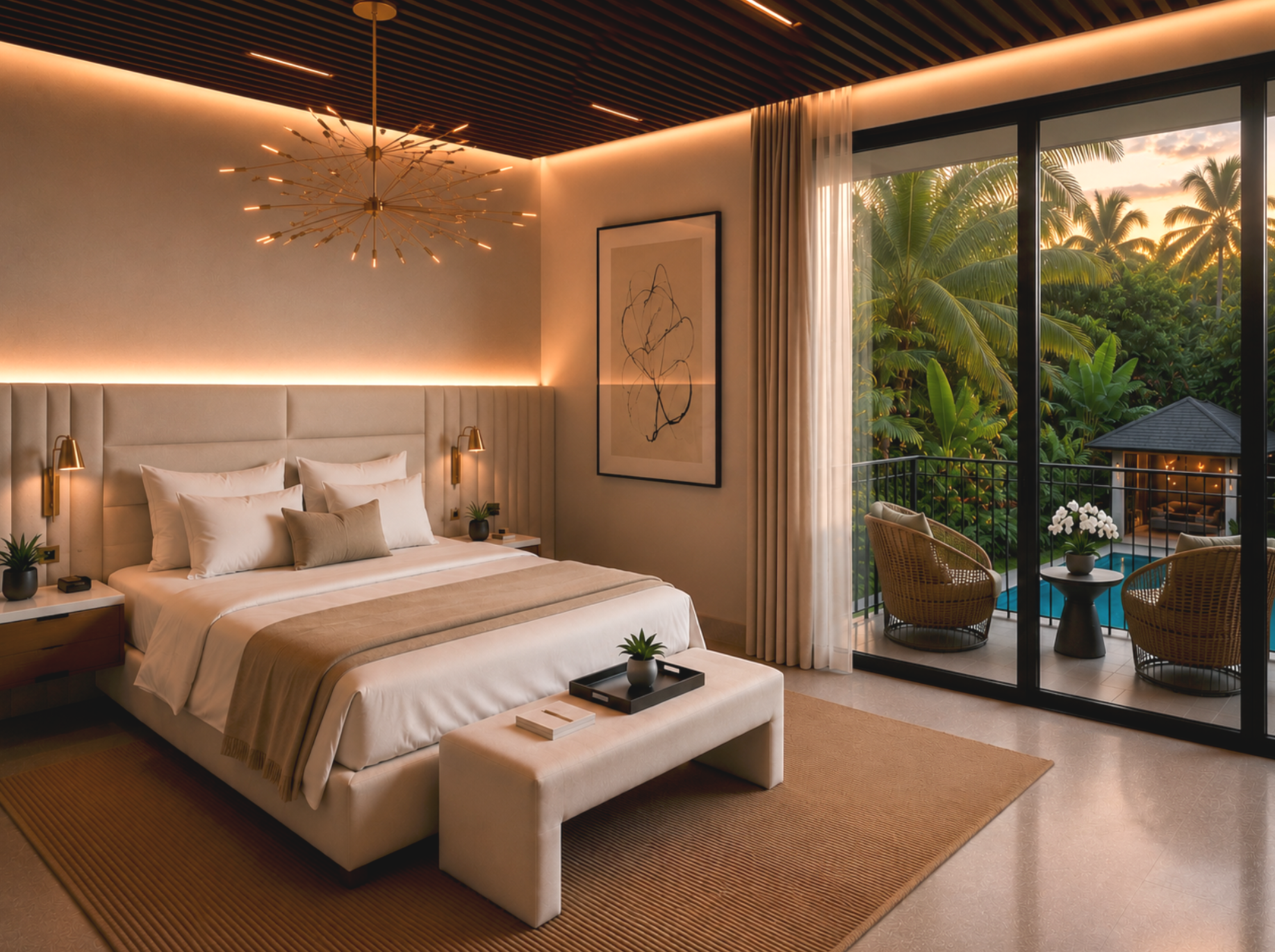 Coral Gables estate master bedroom interior design with tufted velvet headboard wall with Italian bedding and cashmere throw walnut wood slat ceiling and private balcony overlooking pool and tropical nature preserve tree line⁠