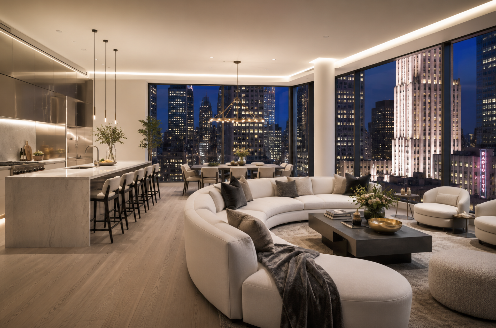 An open-concept luxury Manhattan penthouse interior featuring a custom curved white sectional sofa, a modern minimalist kitchen island with barstools, and expansive floor-to-ceiling windows showcasing a dramatic New York City night skyline view.⁠