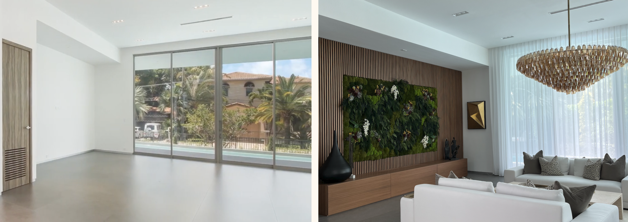 A Before and After image of a fully transformed luxury grand parlor room featuring a custom-built open-slat framed wall with an integrated media cabinet, an inset living moss art installation, premium sheer drapery, and a statement chandelier.