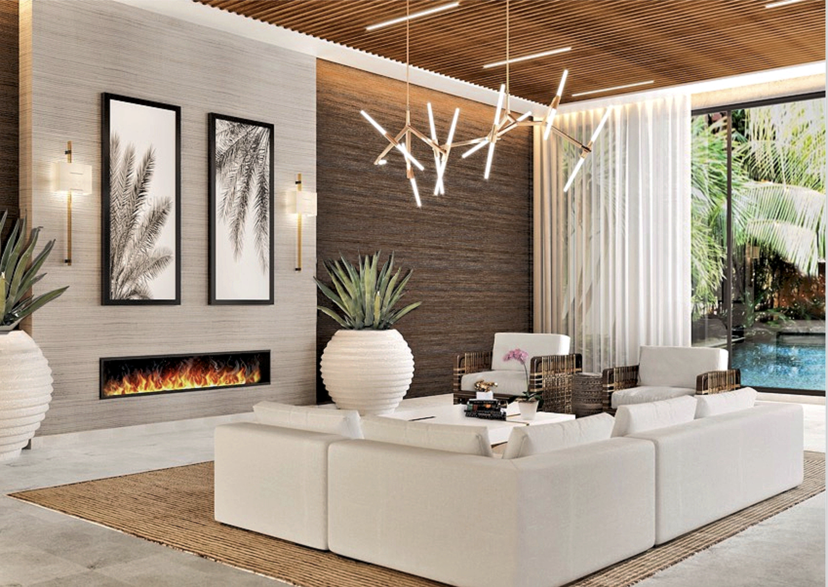 Coral Gables luxury home showcase by Exclusively to Design featuring an organic modern living room lounge with a linear fireplace, custom walnut slat ceiling details, and floor-to-ceiling windows viewing a private pool.