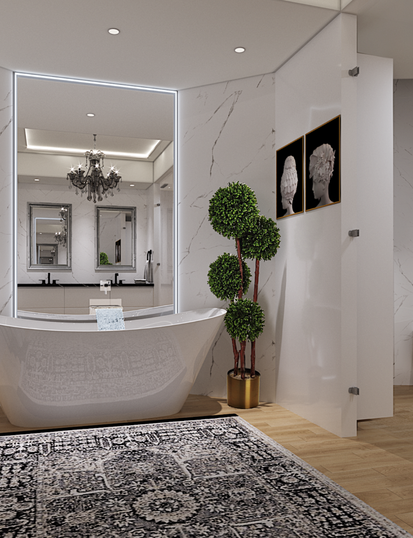 South of Fifth Miami Beach penthouse master bathroom design creating a classic interior with an upscale contemporary twist