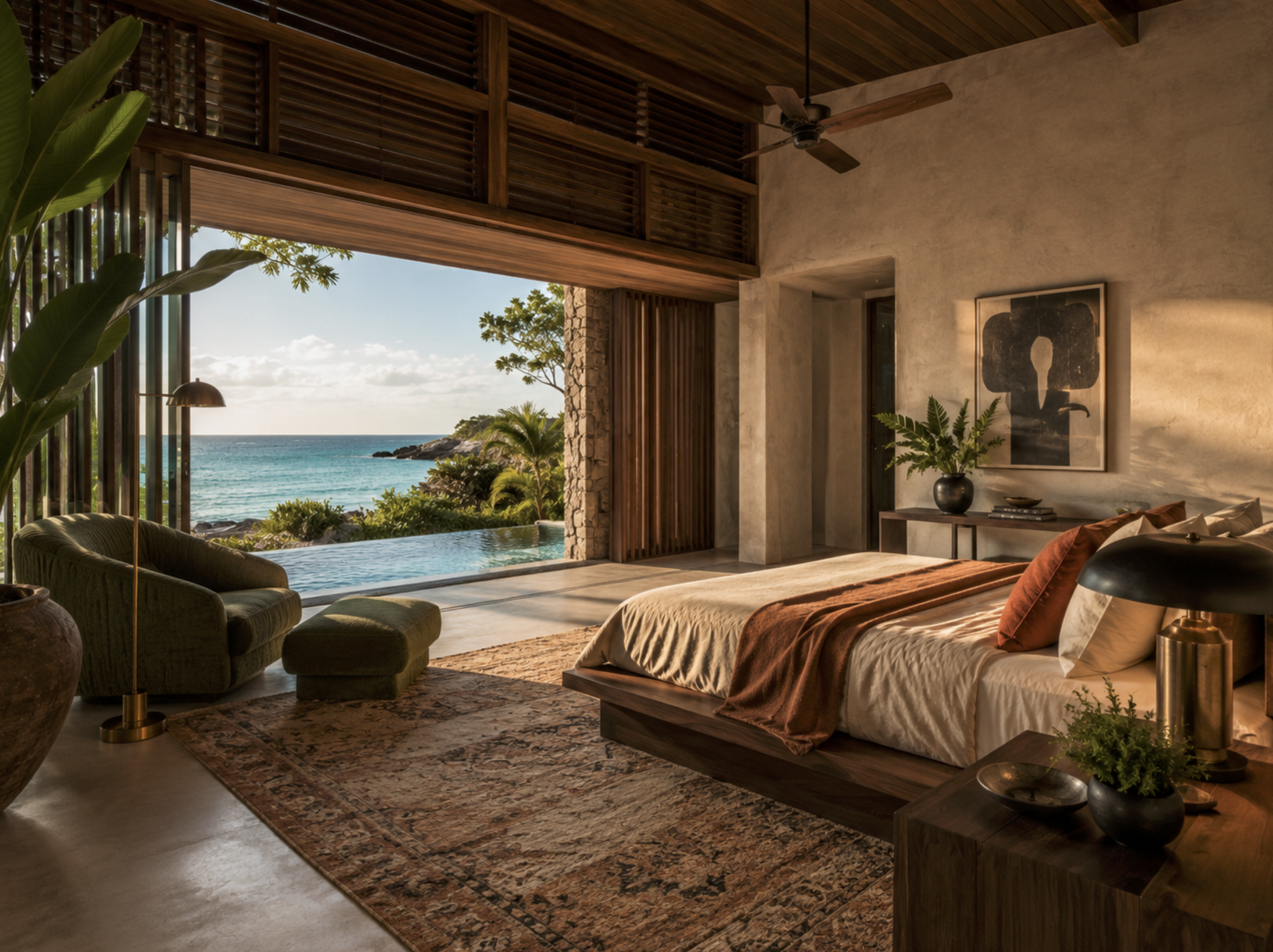 ⁠Bespoke master bedroom suite in a Bahamas private compound with a custom low timber platform bed, slatted hardwood architectural features, and a rich antique Moroccan rug underfoot.⁠