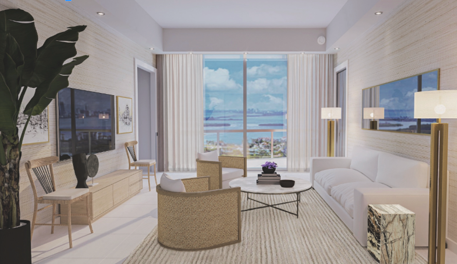 South of Fifth Miami Beach penthouse dining room remodel with city view, decorative wall covering, modern furnishings and large mirror to reflect the view