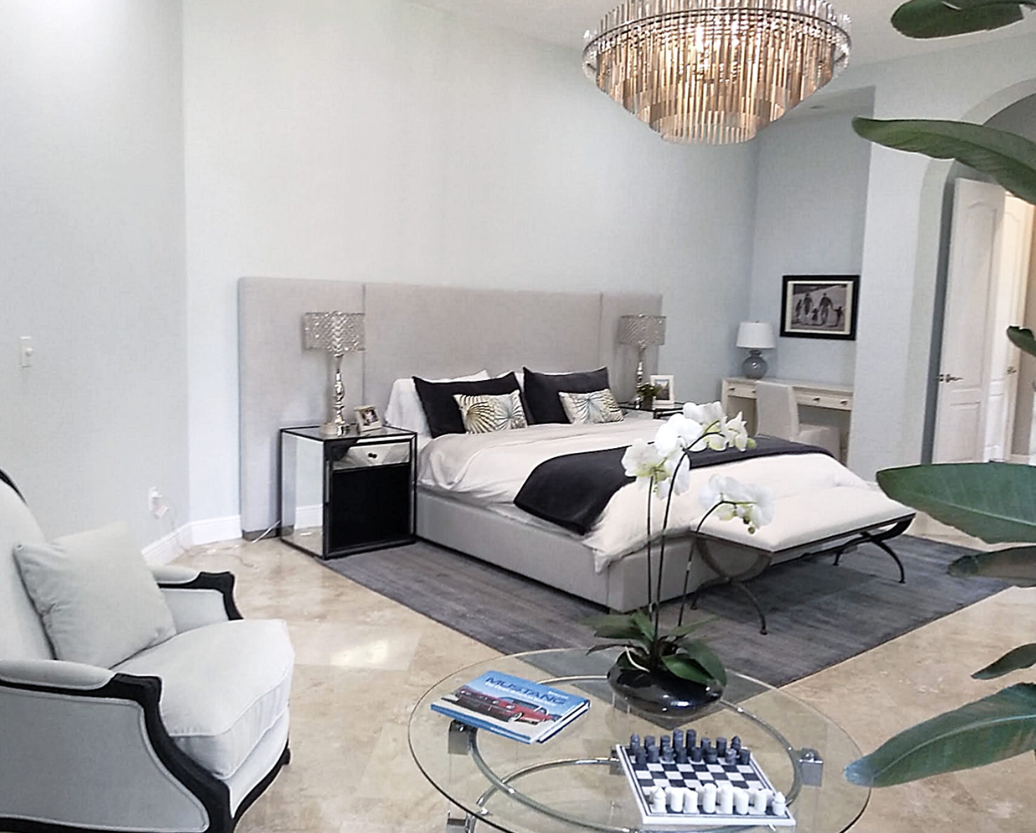 luxury master suite design in coral gables estate home with contemporary romantic bedroom and spa inspired ensuite bathroom