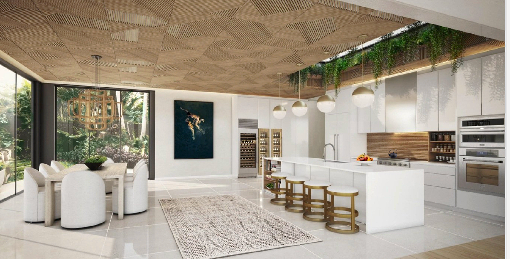 Miami Beach interior layout reconfiguration featuring custom geometric wood parquet ceiling, integrated skylight with lush greenery, low-profile marble kitchen island, and a private wine vault, optimized for fluid indoor-outdoor dining.