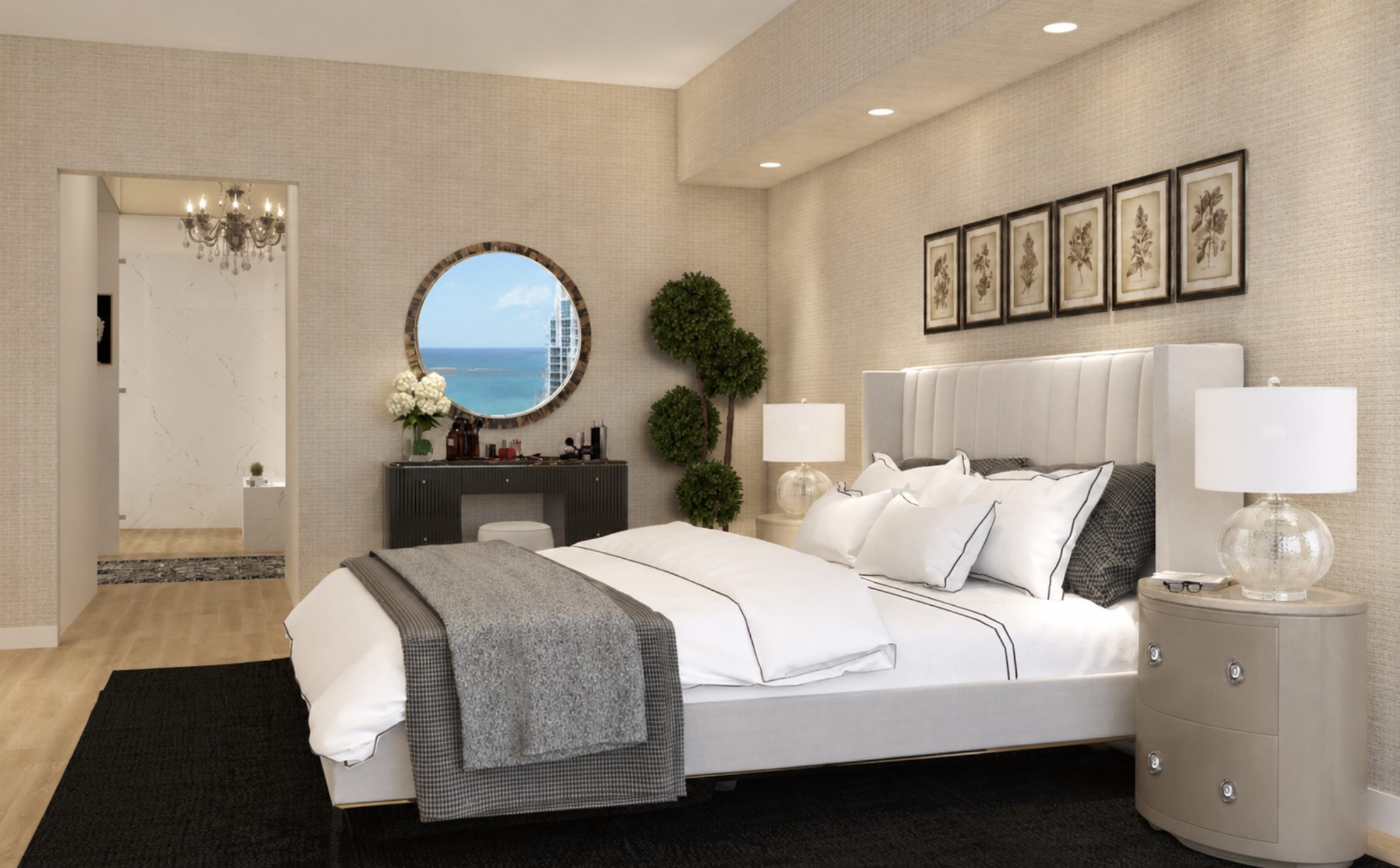 Luxury primary bedroom remodel at Portofino Towers in Miami Beach with tailored bedding and reflected ocean views