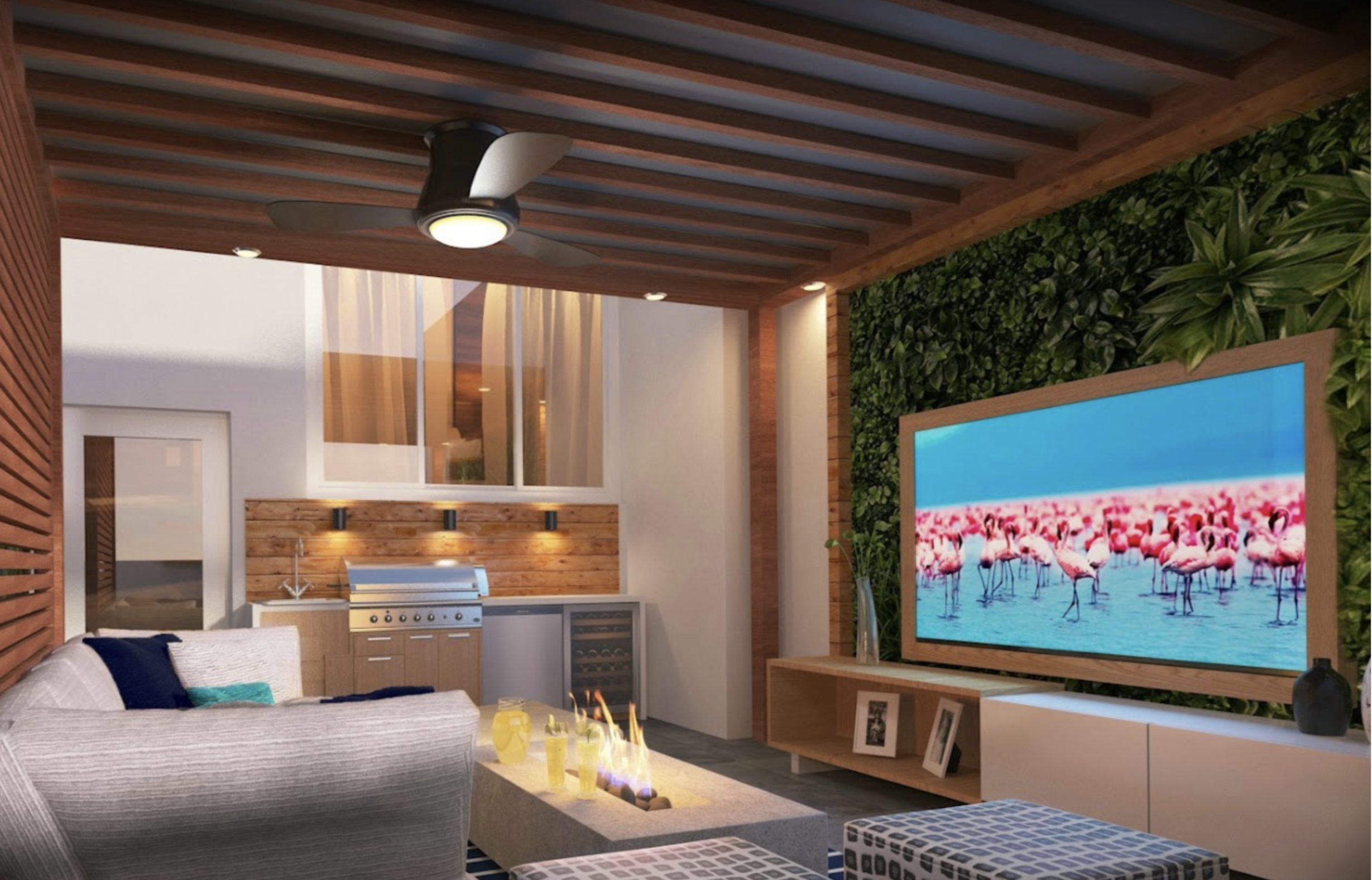 Roof terrace outdoor summer kitchen concept rendering with custom pergola, green media wall, ceiling fan, and integrated audio system for a luxury South Florida home by Exclusively To Design