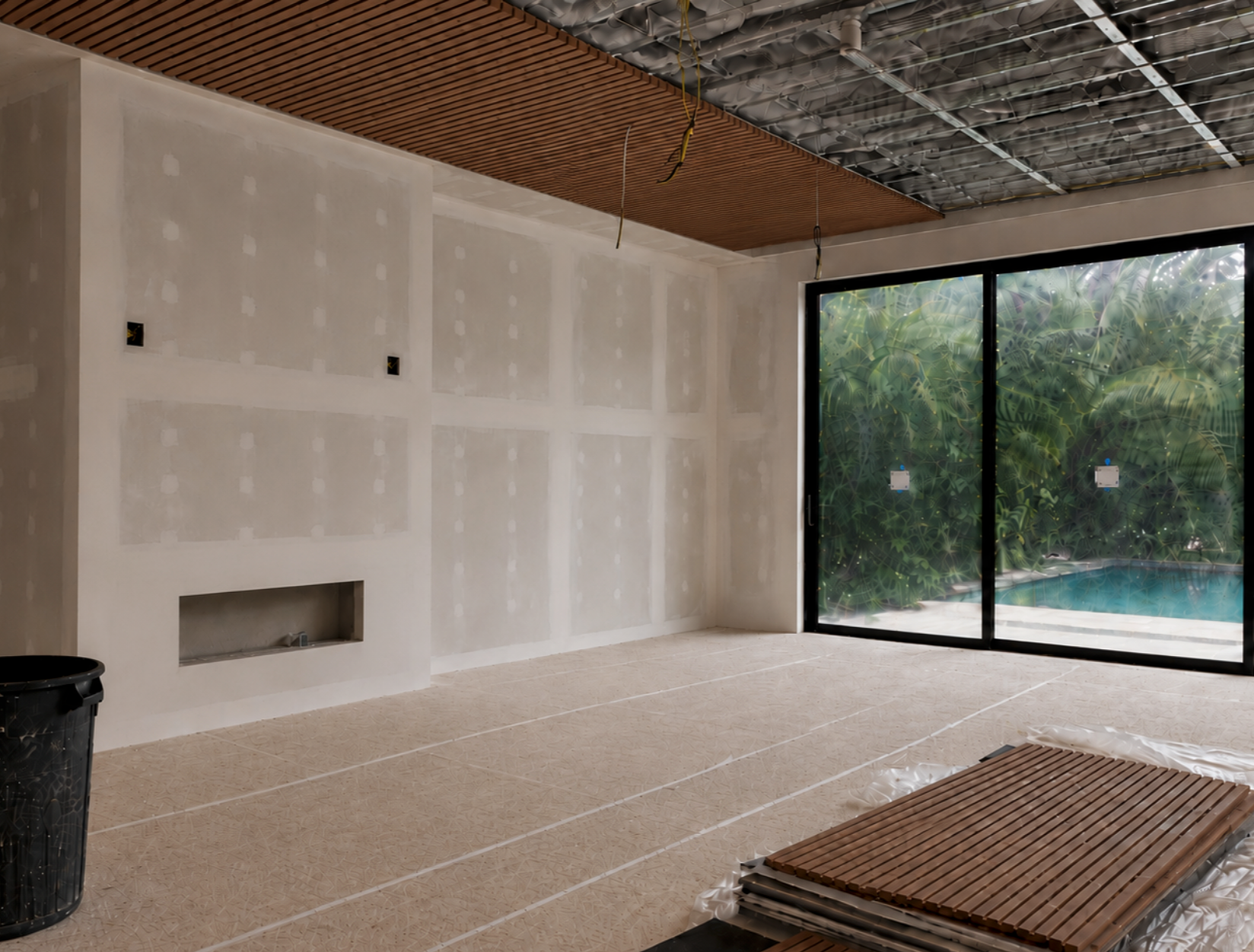 Living room under construction with walnut slat ceiling panels, unfinished drywall, a linear fireplace opening and floor-to-ceiling glass doors overlooking a tropical pool.