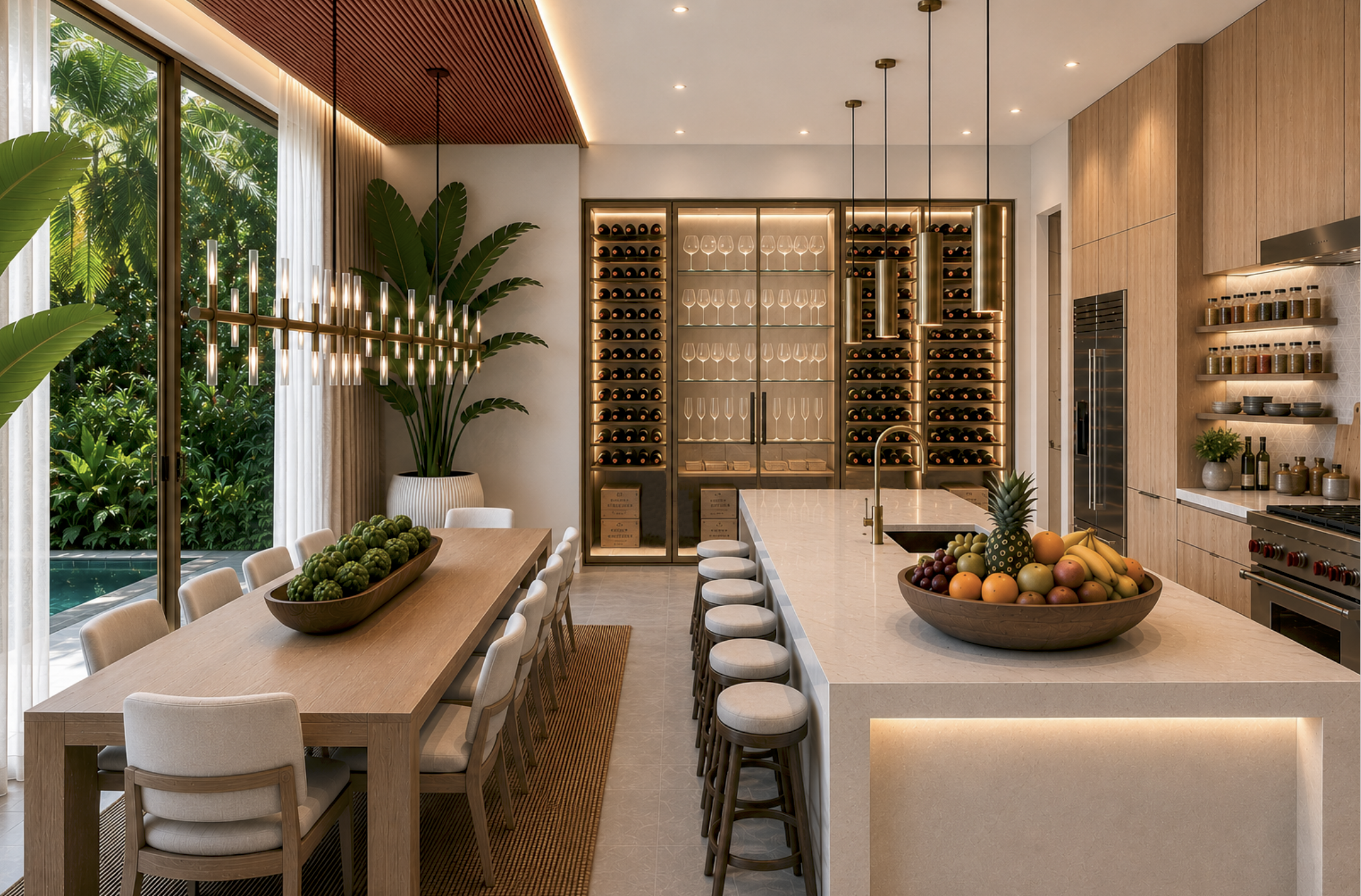 Coral Gables luxury kitchen design featuring custom wood cabinetry grand quartz waterfall island floor to ceiling glass wine cellar display and open dining space overlooking a tropical private pool⁠