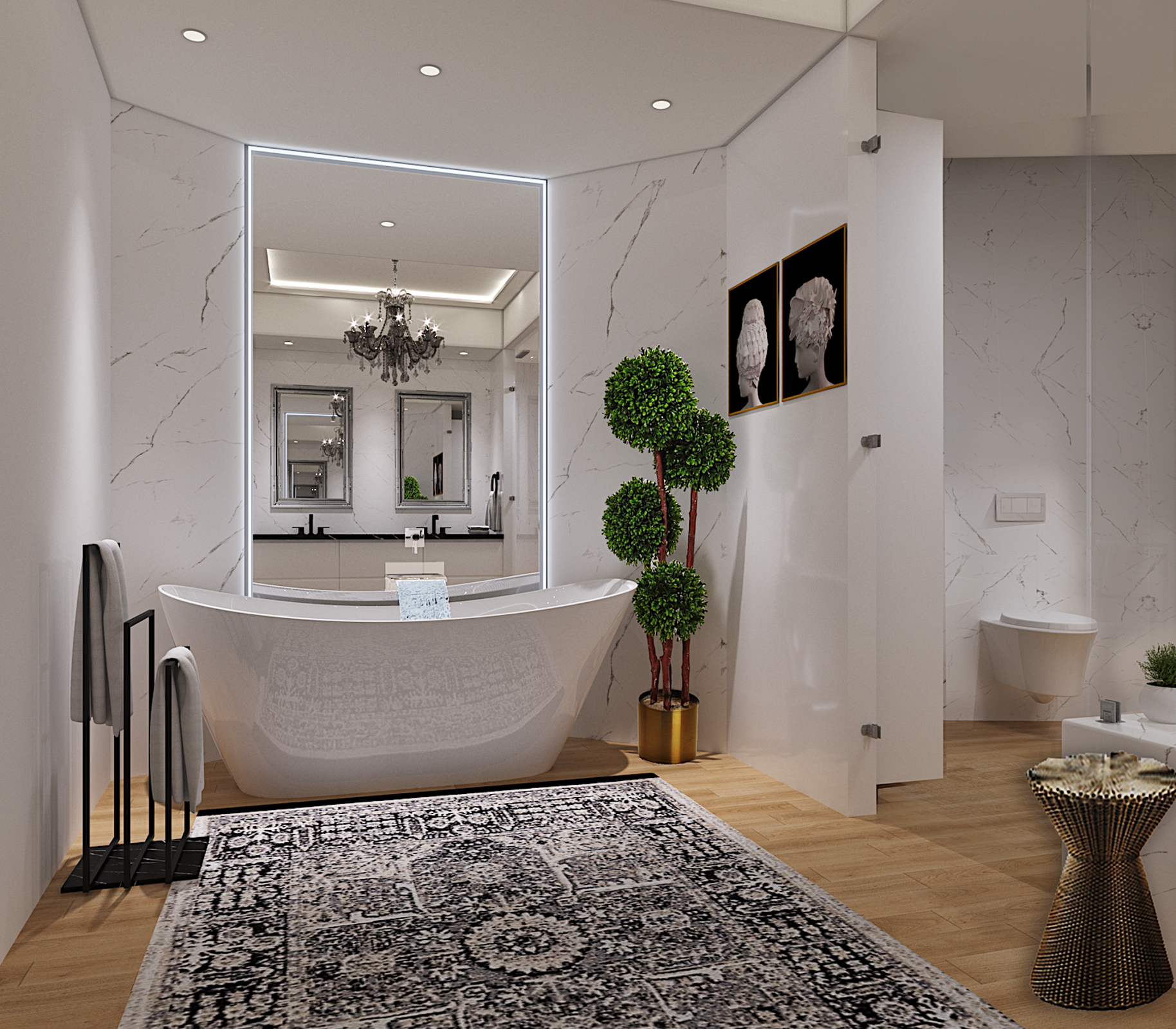 This master bathroom suite remodel features a beautilly clad alcove in Cararra porcelain with a full length floating mirror, back-lit by LED and set in waterfall faucet, hovering over a graceful tub.