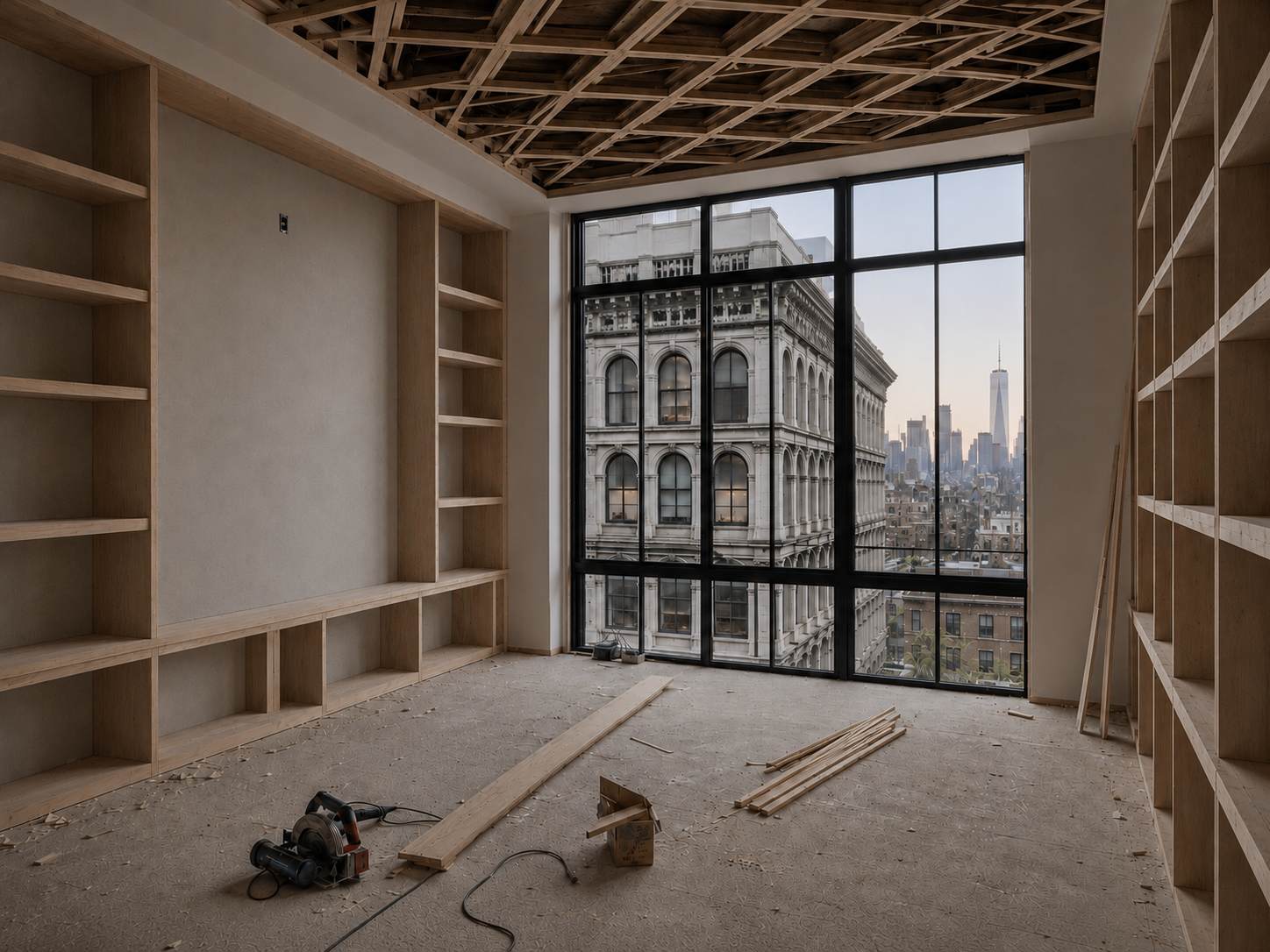 Tribeca penthouse executive office before remodel with unfinished built-ins, exposed coffered ceiling framing and Manhattan skyline views