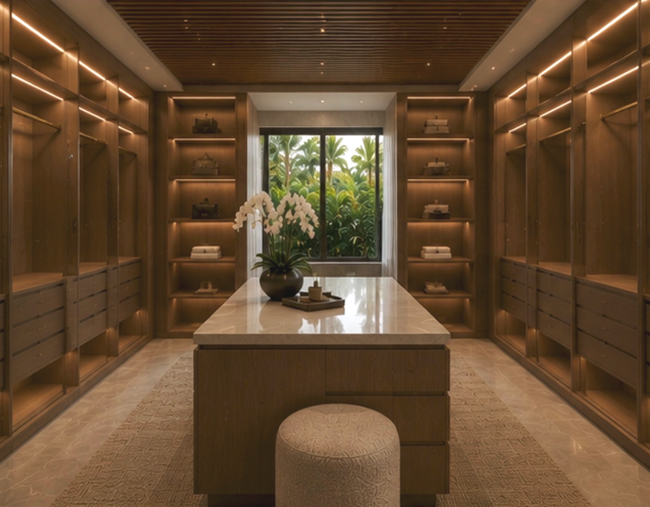 Bespoke custom walk-in closet interior design featuring warm wood cabinetry and integrated LED display lighting. A central dressing island with an ivory marble countertop beautifully complemented by an open-slat wood ceiling detail.