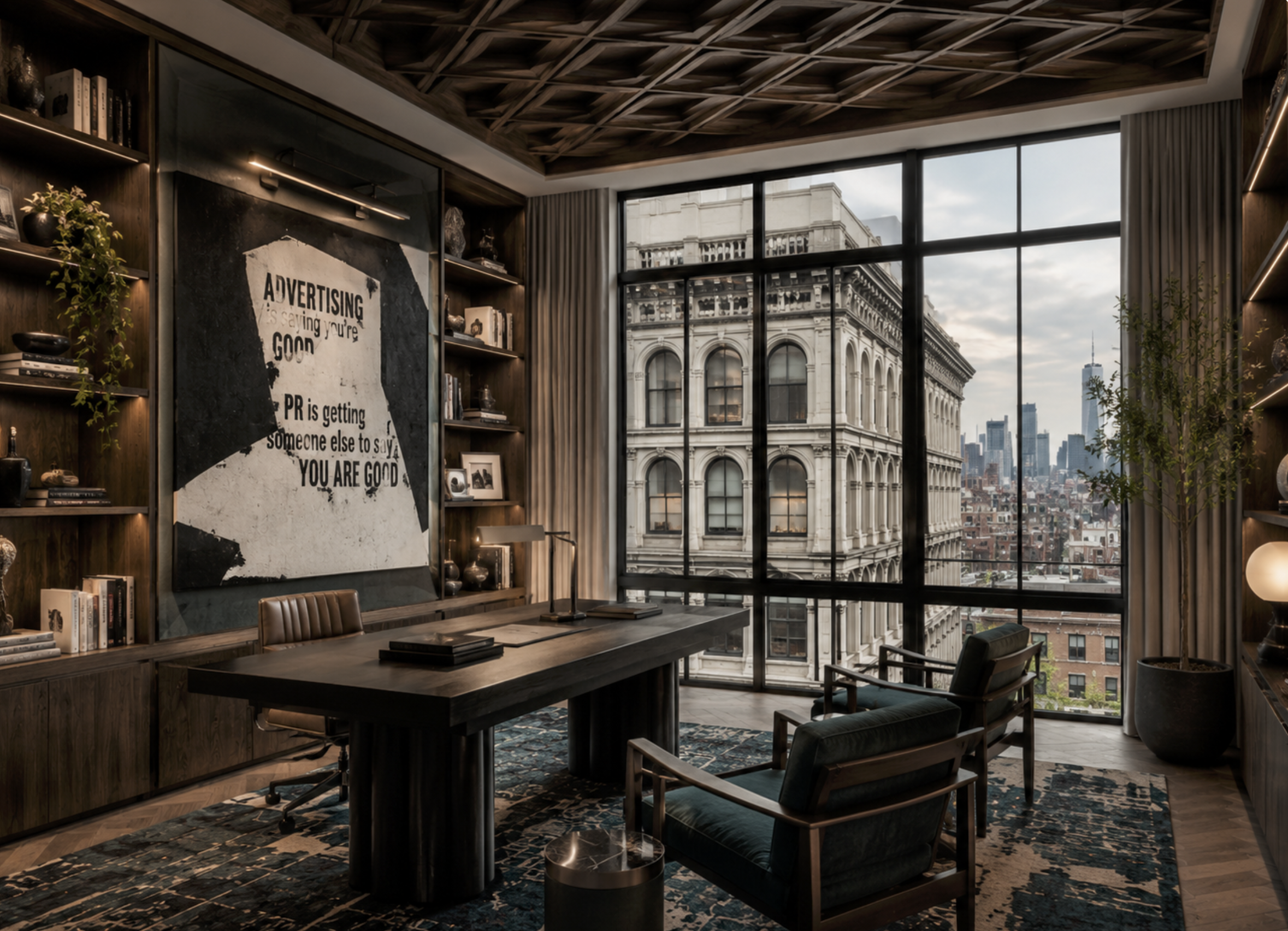 Eclectic grand home office in a Tribeca penthouse featuring a custom wood coffered ceiling, dark oak built-in bookshelves, an executive desk, and a large black and white advertising art canvas overlooking the Manhattan skyline.