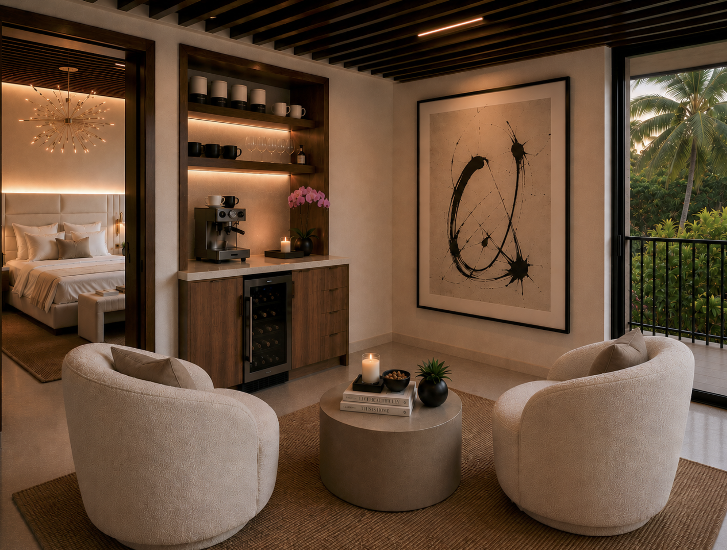 Miami luxury master bedroom suite interior sitting room lounge with custom walnut wood paneling integrated espresso morning bar plush contemporary swivel chairs and views of a nature preserve⁠