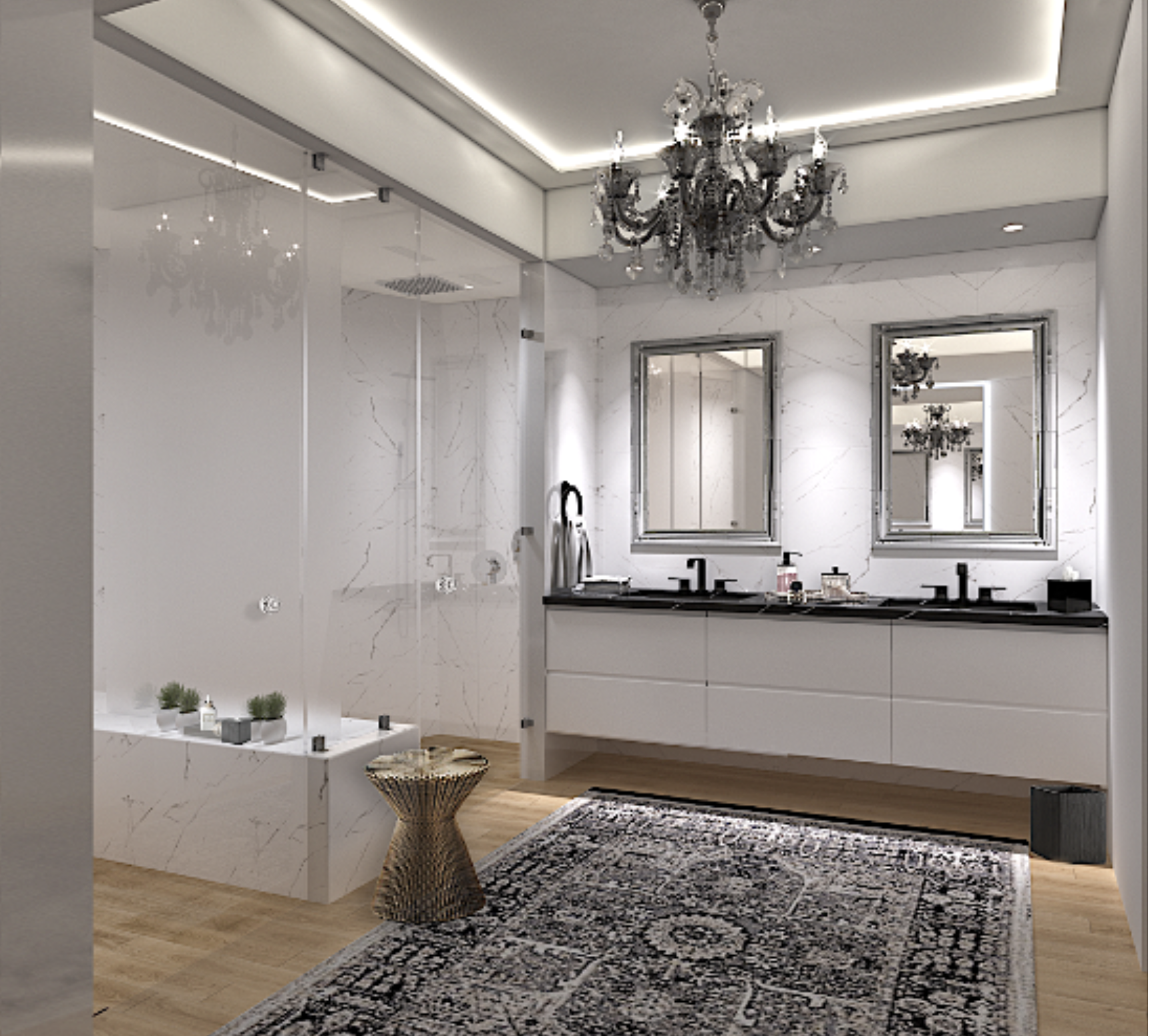 South of Fifth Portofino Towers romantic master bathroom suite design with the floating vanity and glass enclosed shower room view.