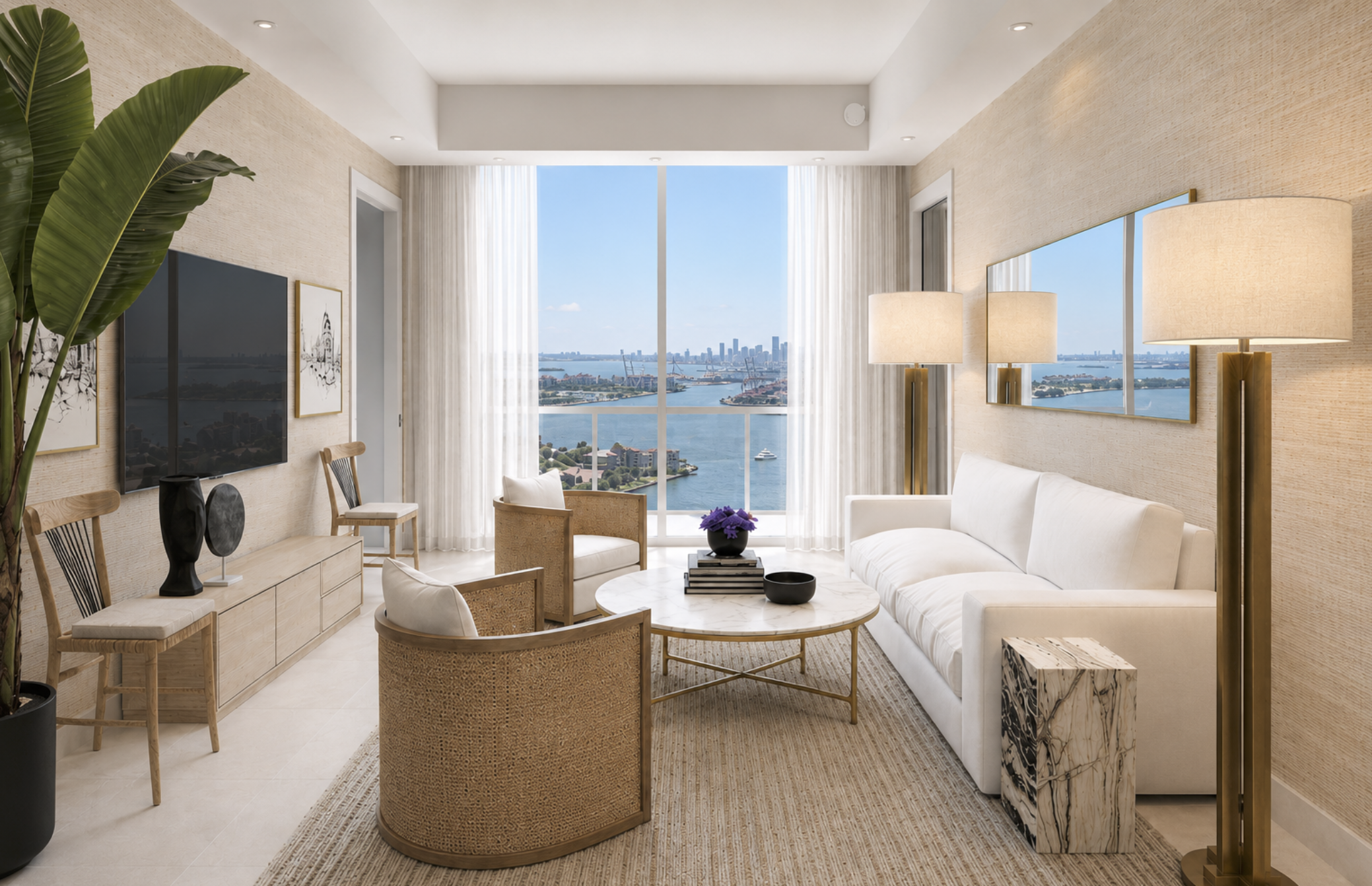Luxury living room remodel at Portofino Towers in Miami Beach with custom furnishings and panoramic Biscayne Bay views