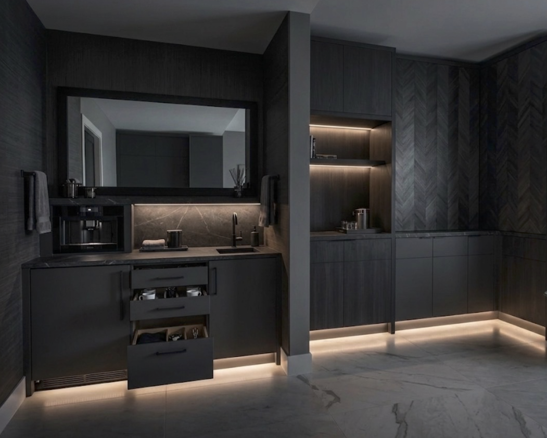 This Ft. Lauderdale master suite morning bar and dressing lounge area designed to was built to connect the master suite to luxurious spa living each morning.