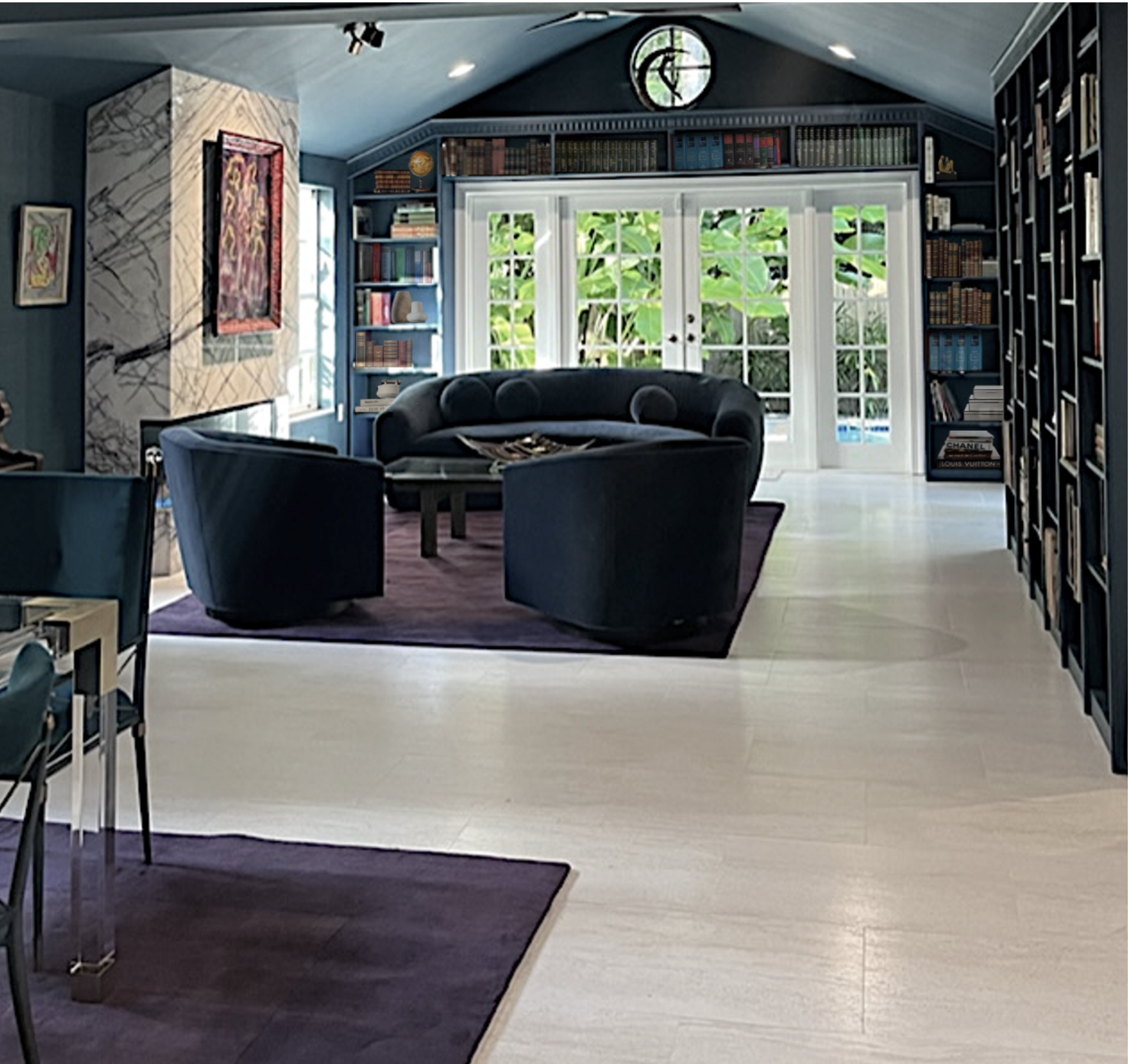 Sophisticated estate library parlor room featuring a custom Violet Marquina marble fireplace mantel and a deep teal wraparound built-in bookcase with elegant fluted molding detail.
