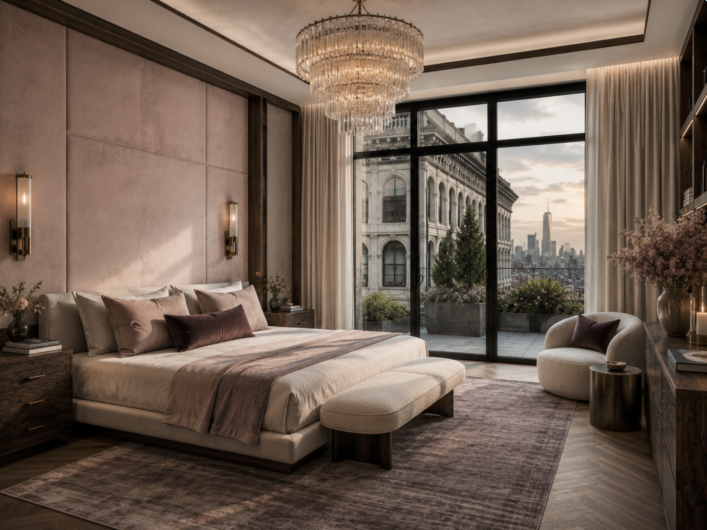 Bespoke Tribeca penthouse master suite interior design featuring a classic feminine Art Deco style with a dusty rose velvet upholstered headboard wall, a luxury tiered crystal chandelier, and dark wood nightstands.⁠