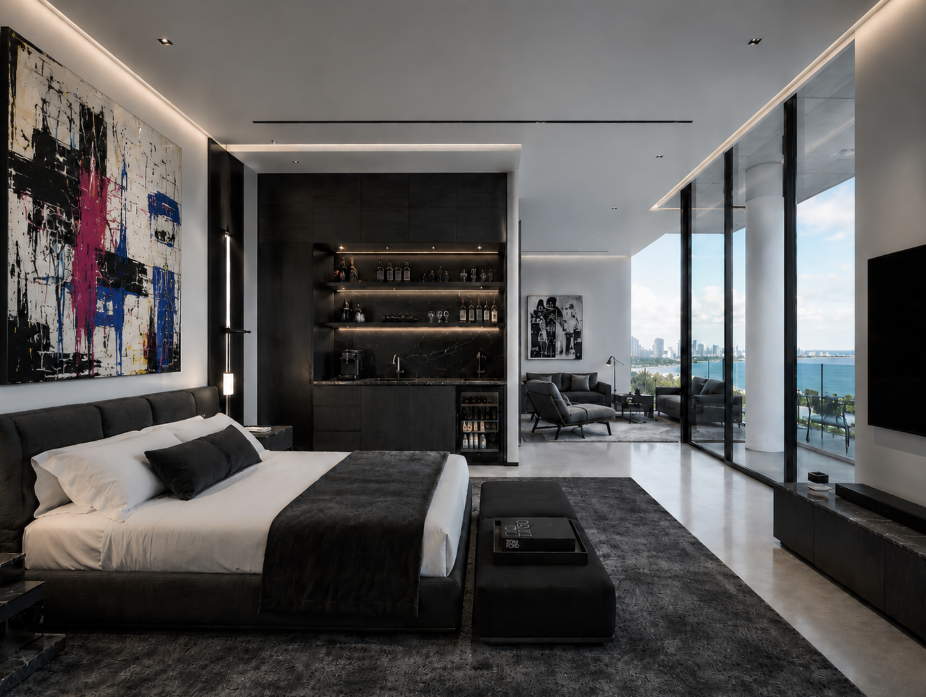 Luxury penthouse master bedroom design in Miami Beach featuring a morning bar, custom closet lounge seating, and ocean views.⁠