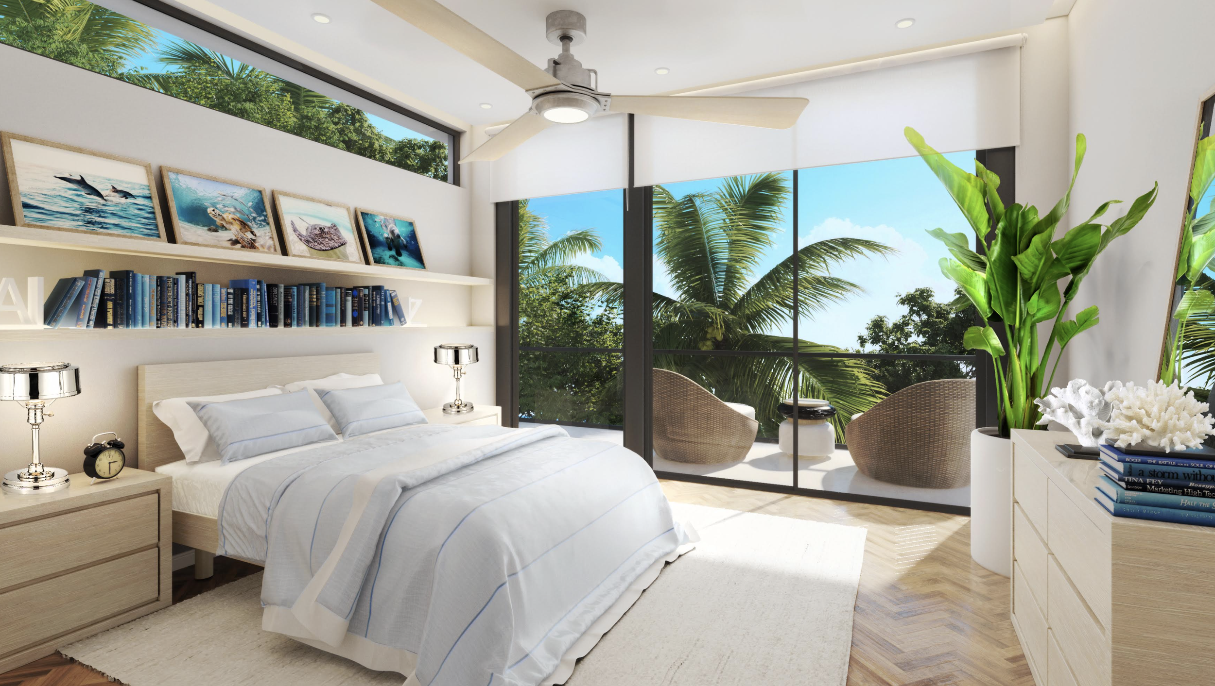 Miami Beach coastal bedroom design by Exclusively to Design featuring a custom built-out half-wall partition ledge, floating display shelf with ocean photography, chambray pinstripe bedding, and a private balcony.