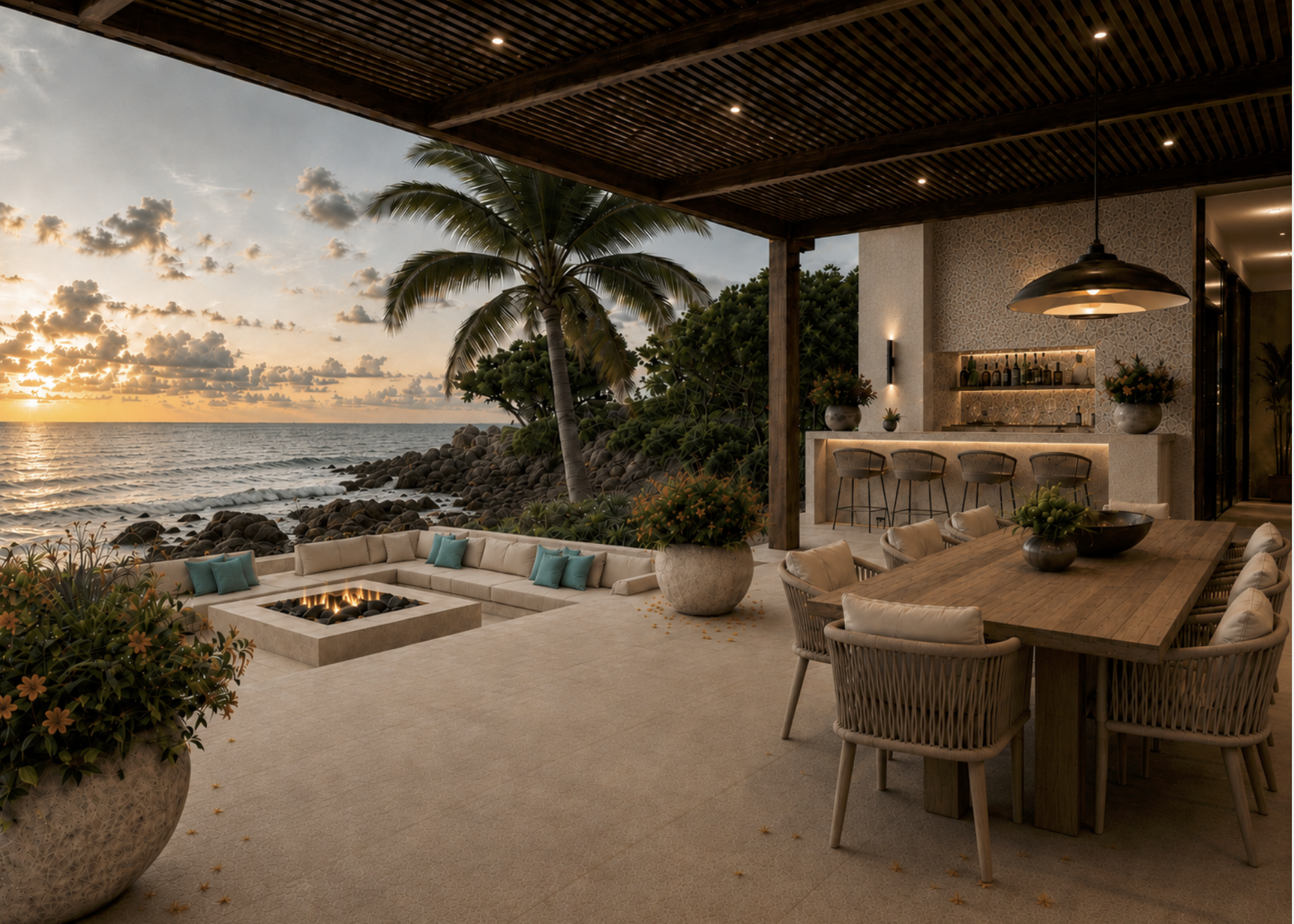 Luxury outdoor living and entertaining terrace in Exuma, Bahamas with custom furnishings, outdoor kitchen, fire feature and ocean views