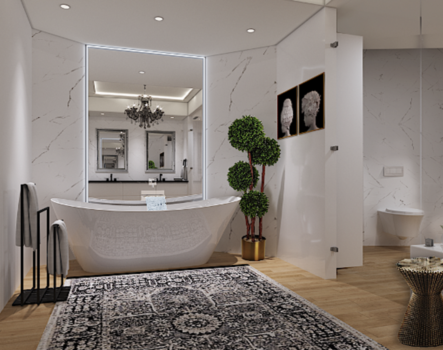 Modern bathroom with white marble walls, black accents, a freestanding bathtub, a large mirror, a chandelier, and decorative art on the wall.