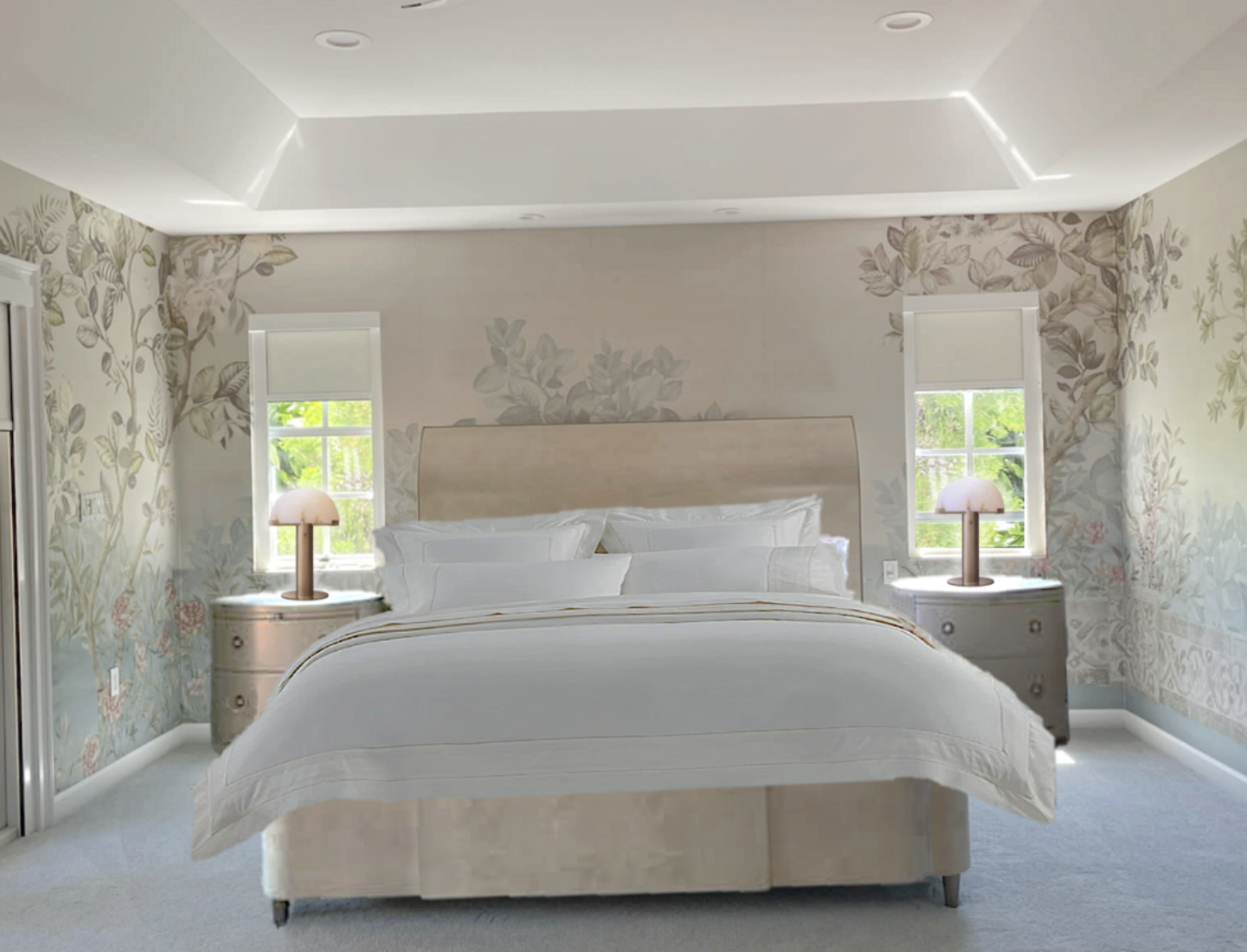 Primary bedroom with decorative botanical wallcovering, soft neutral palette, and contemporary lighting in Coconut Grove Miami luxury home interior design project.