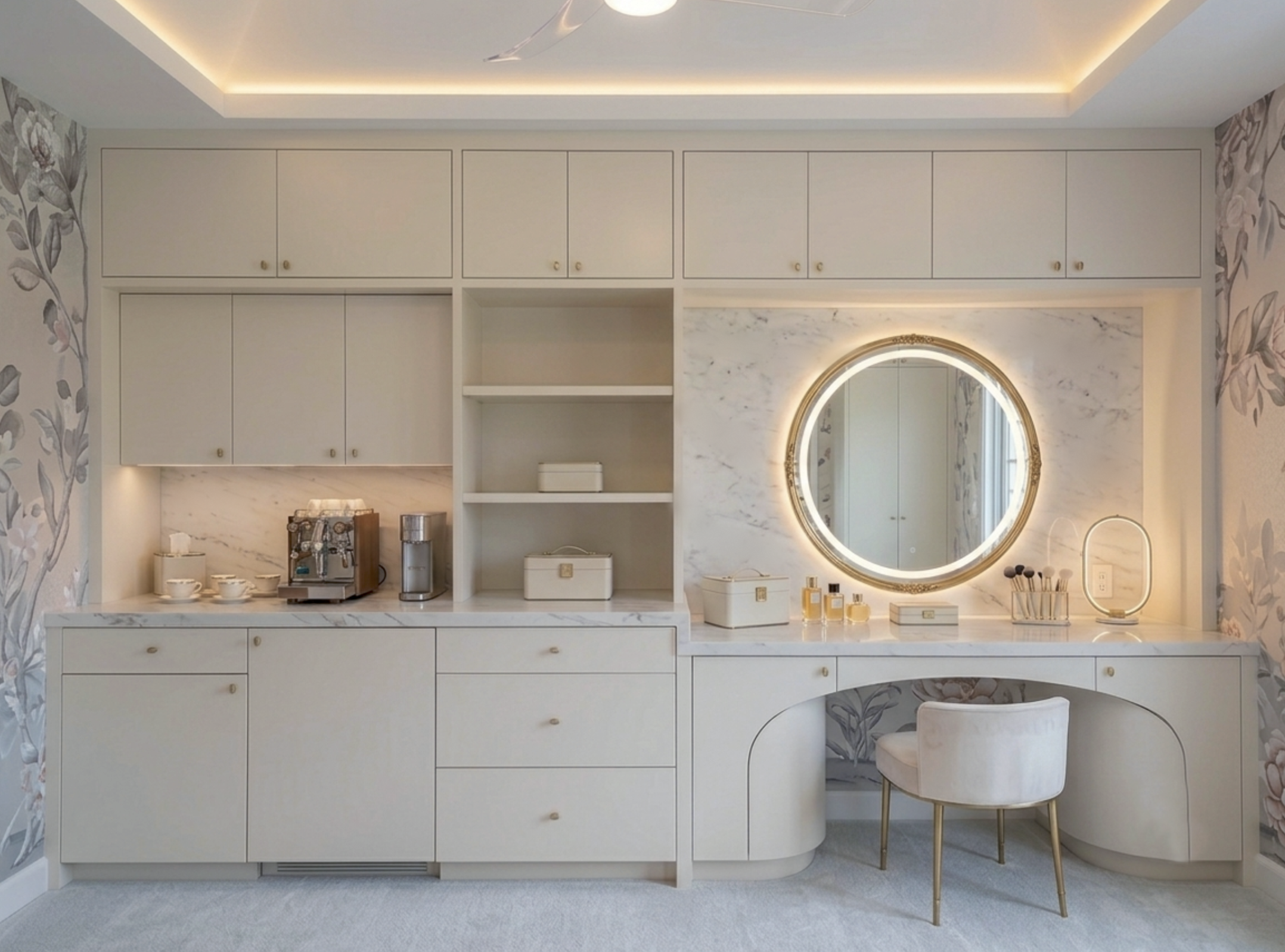 Coconut grove master suite morning bar and make-up vanity with the hand painted silk mural wallcovering.