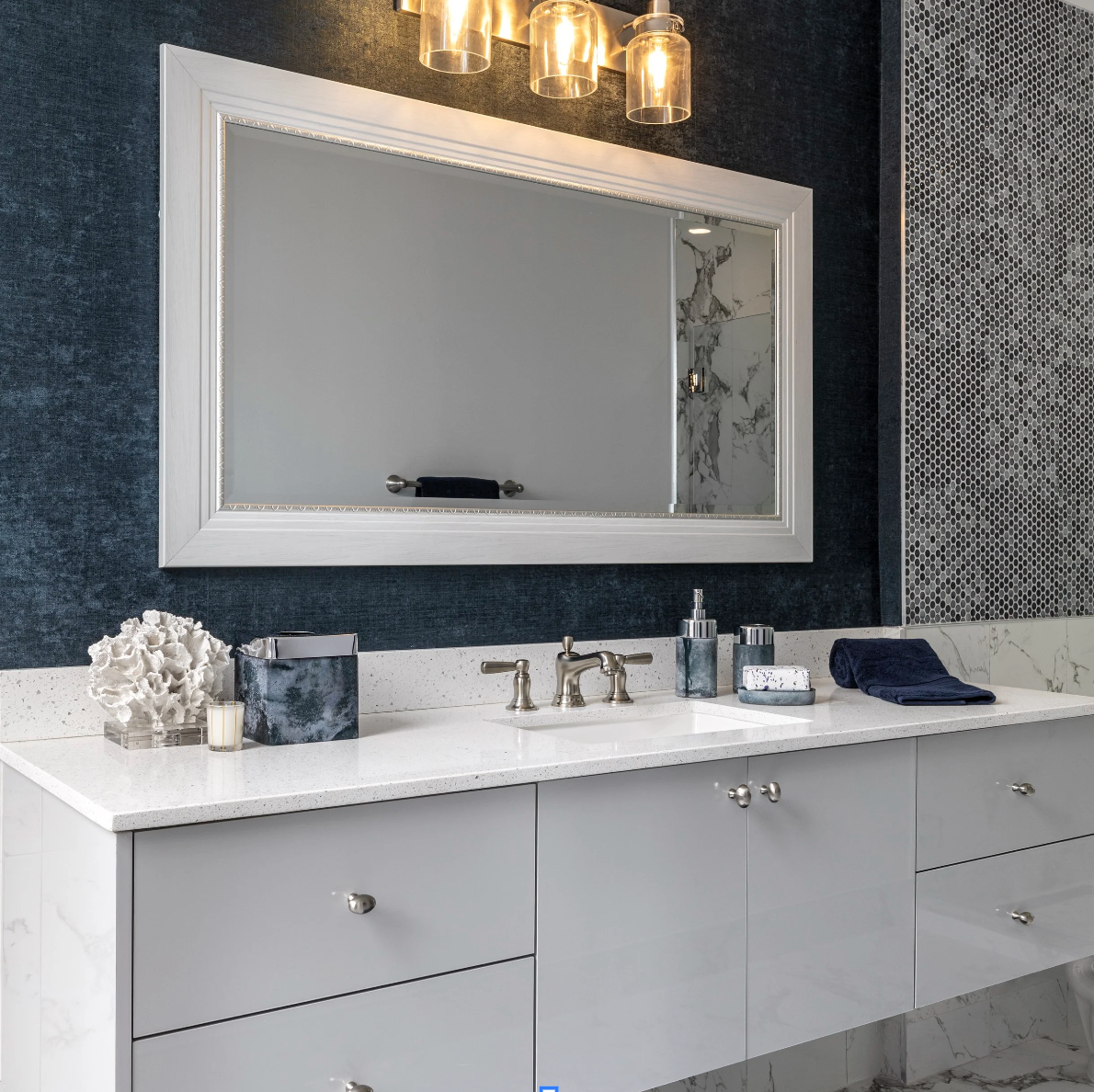 luxury master suite bedroom and ensuite bathroom design in coral gables estate home with contemporary romantic styling