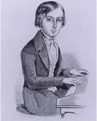 (drawing of the composer as a boy - he made his premiere at the age of 10!)