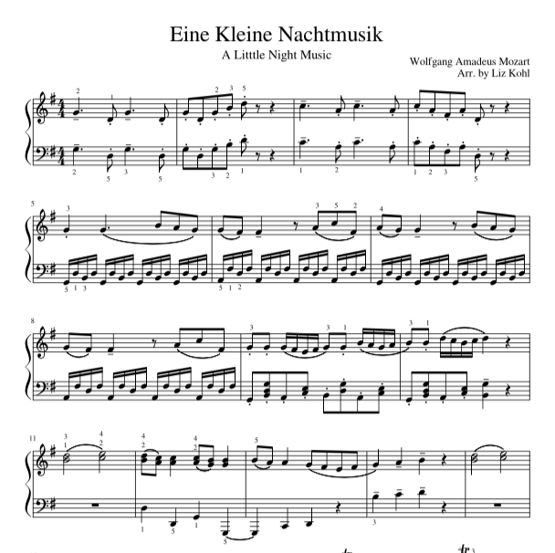 Eine Kleine Nachtmusik by Mozart, Arr. by Liz Kohl for Piano.