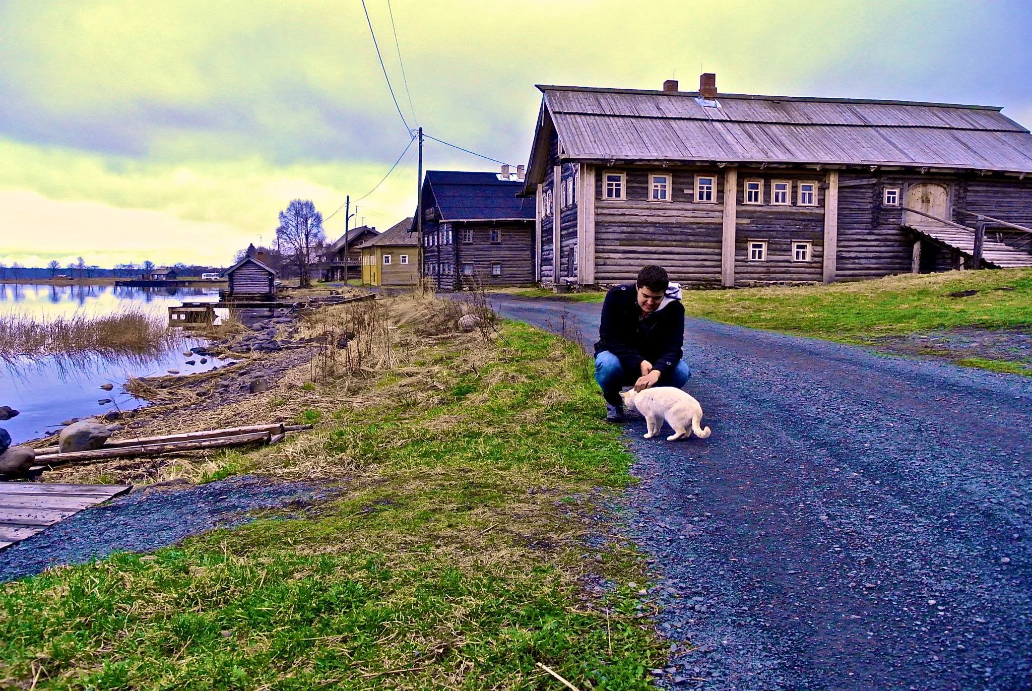 Michael being social with a cat on Kizhi island, Russia May 2013