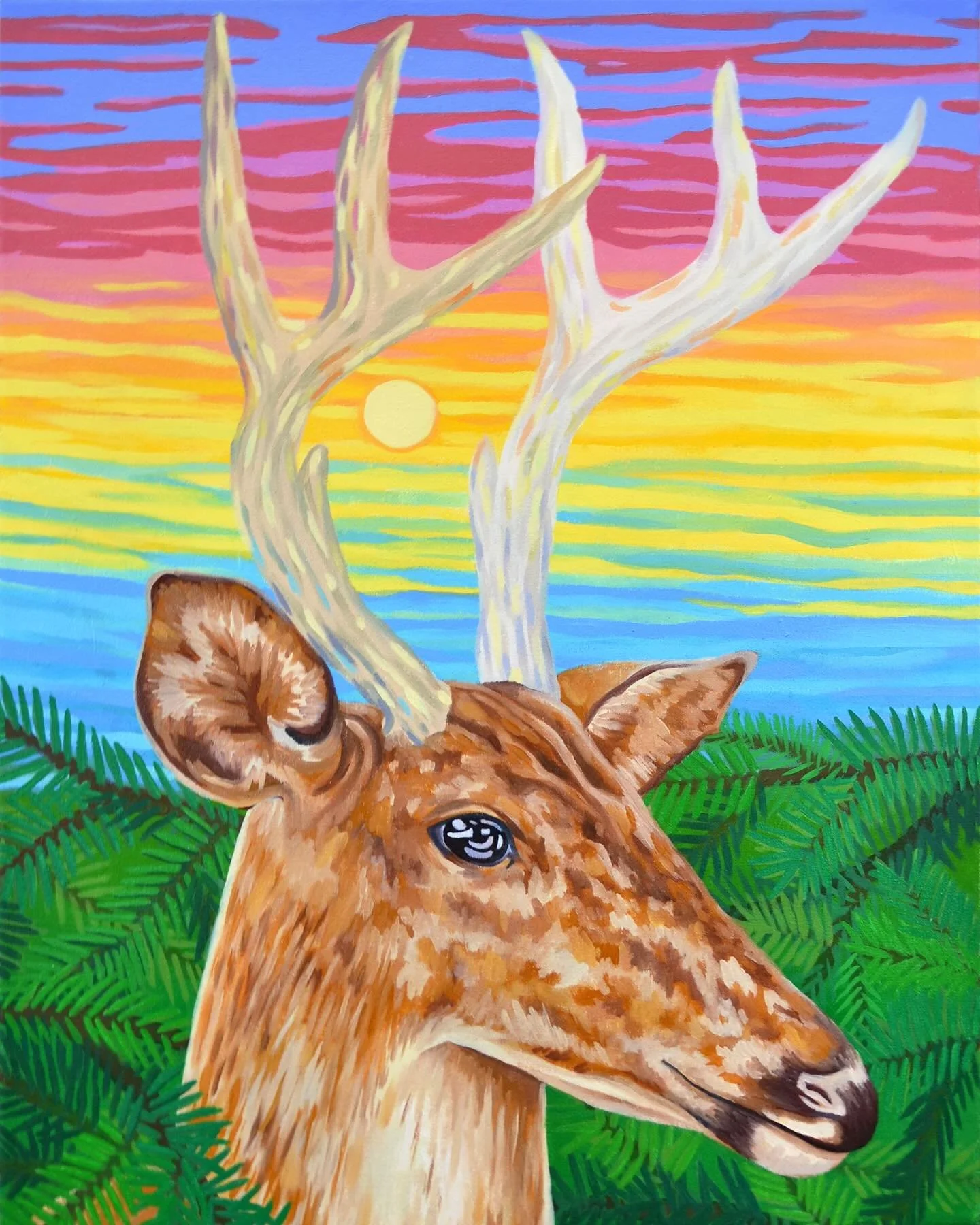 🌅🌲🦌🌈 I&rsquo;ve been in the painting studio nonstop as I wrap up an upcoming show. It&rsquo;s given me a lot of time to spend with this painting I finished earlier this year while at @vermontstudiocenter and I&rsquo;ve come to really love its pre